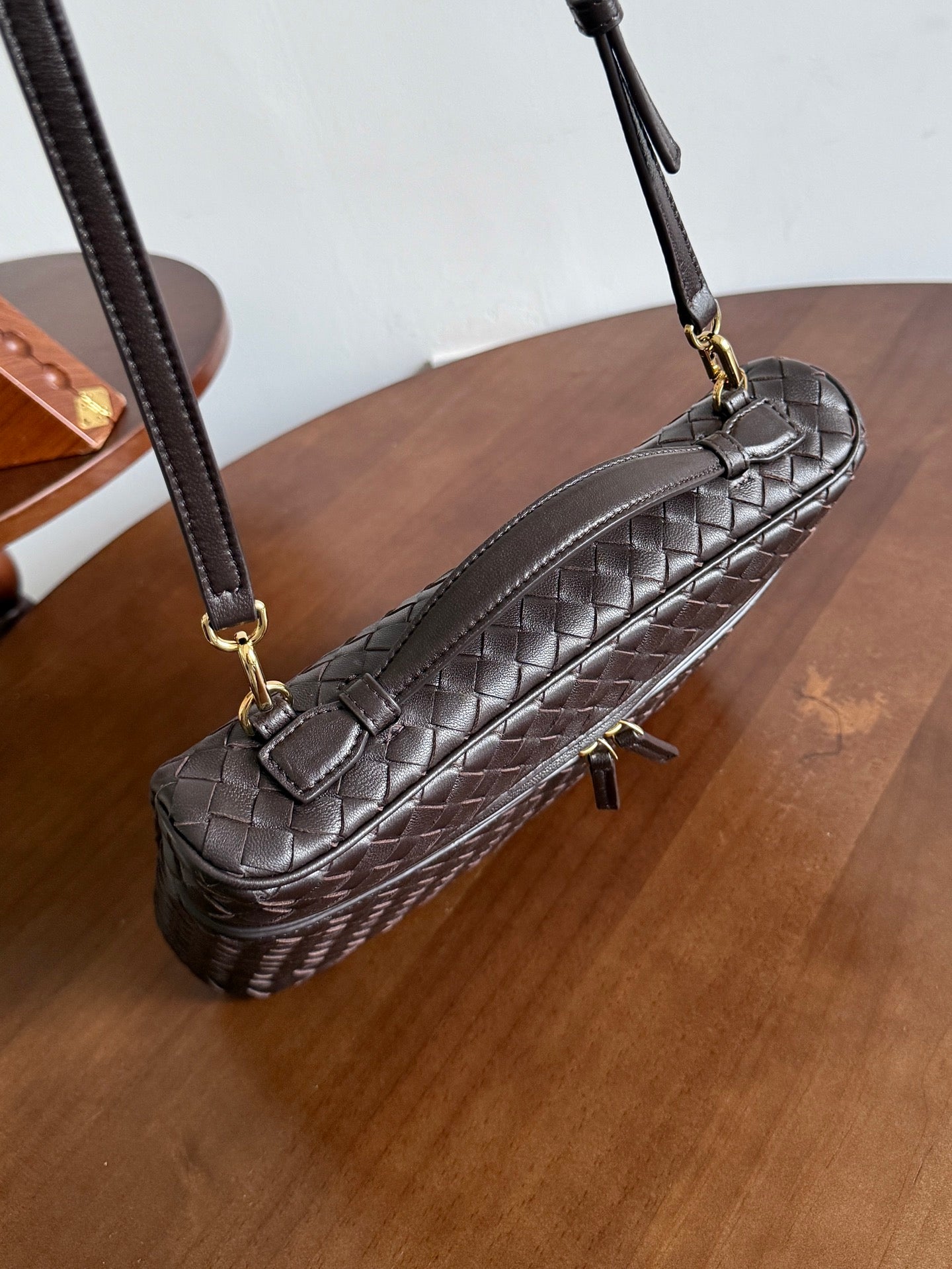 BV Small Soft Vanity Bag Coffee Intrecciato Leather