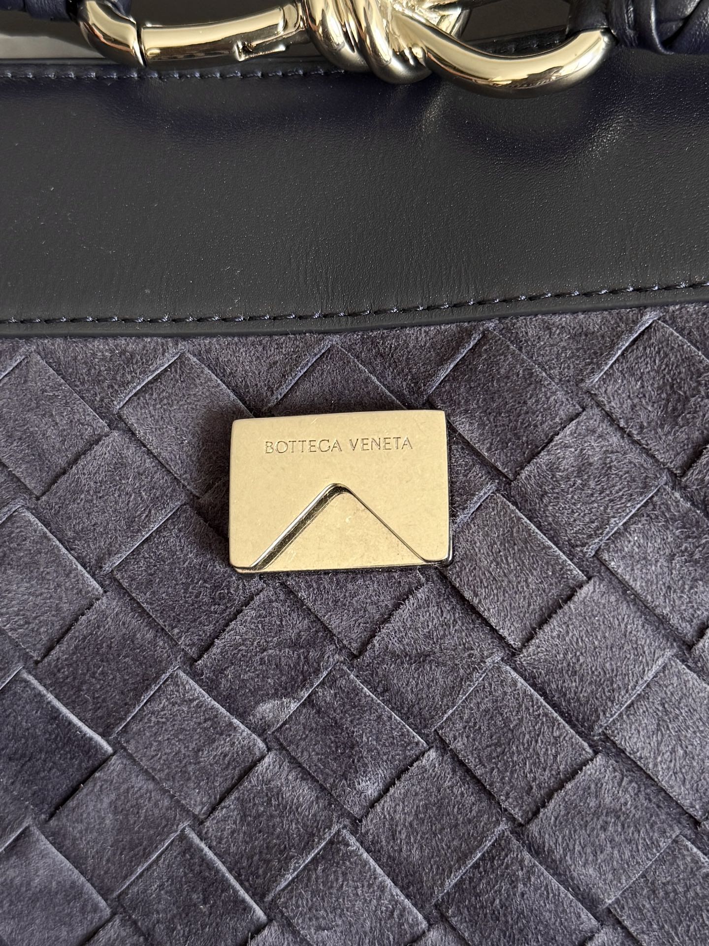 BV Small Andiamo Messenger Bag 29s Dark Blue Suede Intrecciato Leather