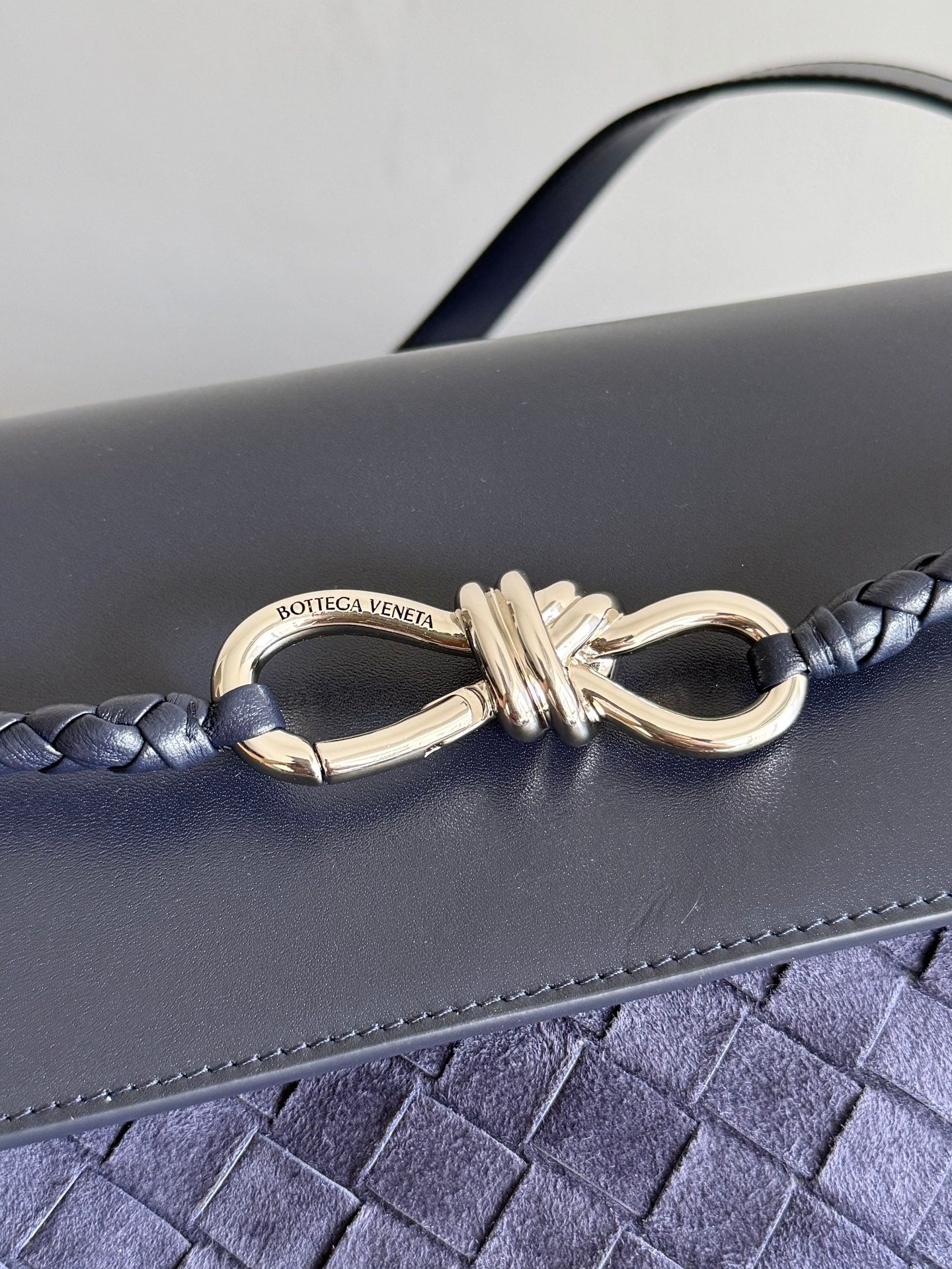BV Small Andiamo Messenger Bag 29s Dark Blue Suede Intrecciato Leather