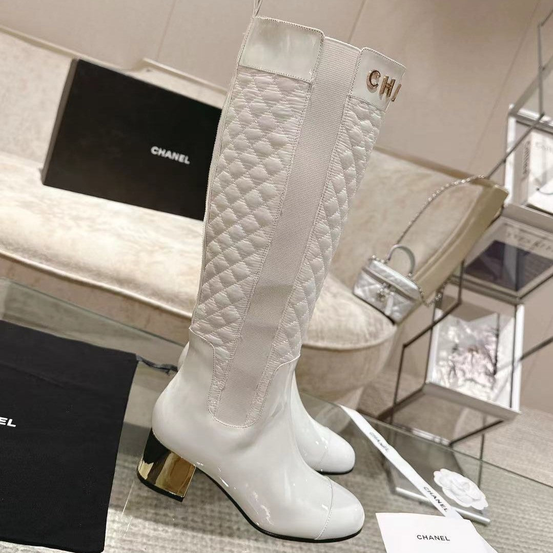 CC 26S Quilted Jumping Boots 5.5cm White Patent Leather Nylon 117684