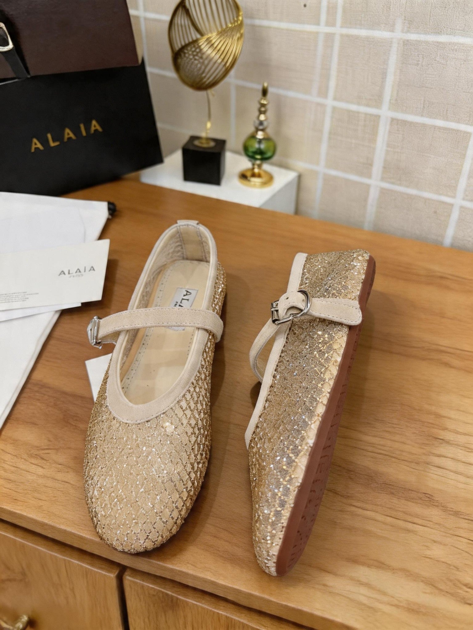 Alaia 26s Fishnet Ballet Flat Light Khaki Mesh 935644