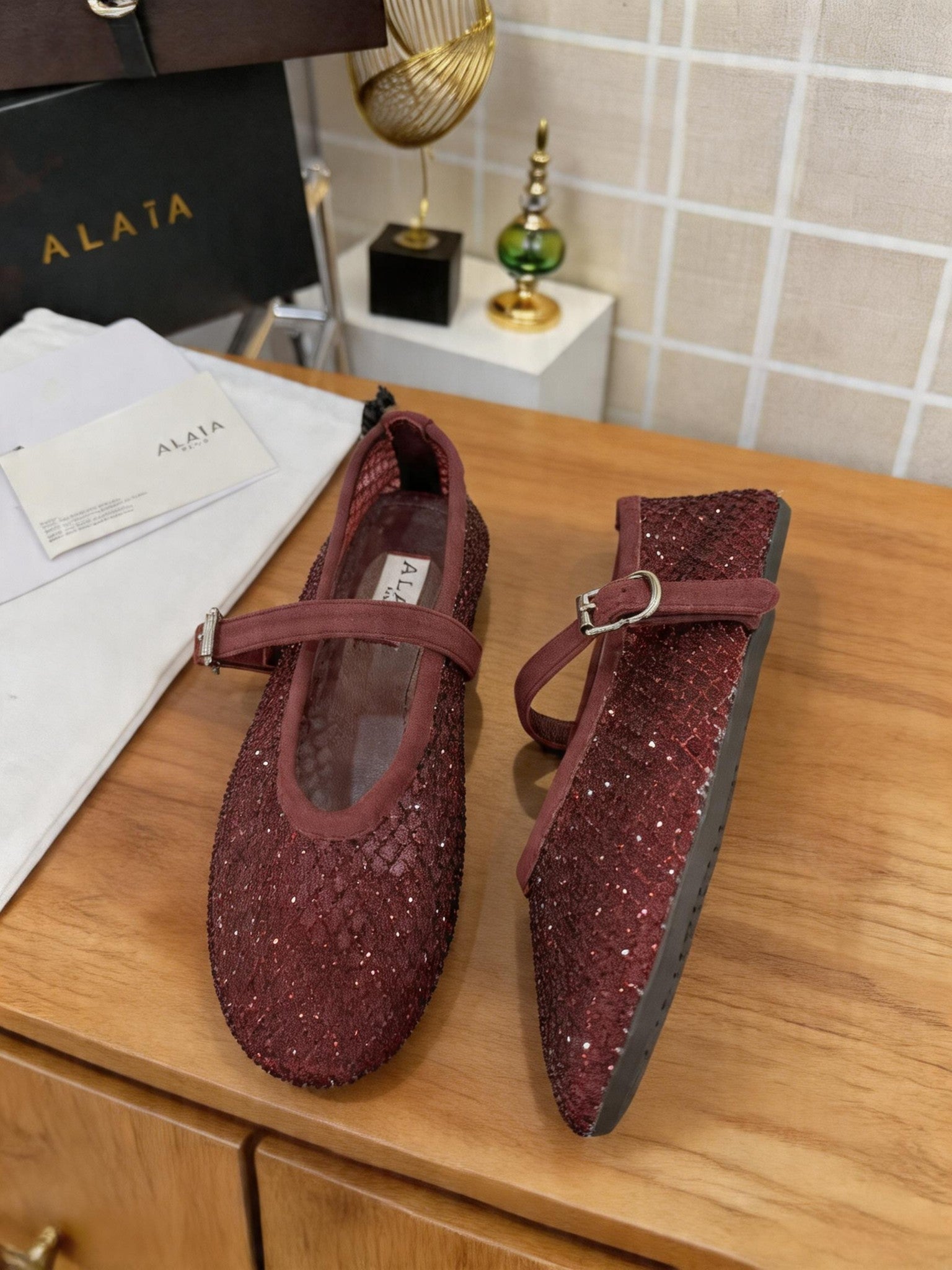 Alaia 26s Fishnet Ballet Flat Burgundy Mesh 935645