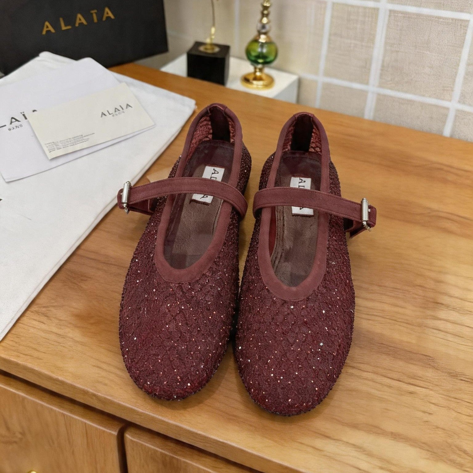 Alaia 26s Fishnet Ballet Flat Burgundy Mesh 935645
