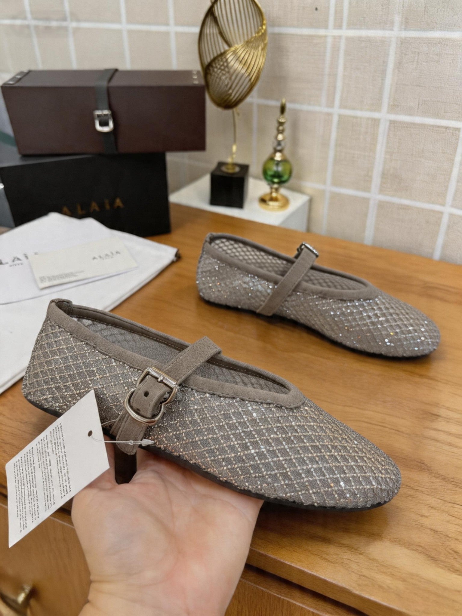 Alaia 26s Fishnet Ballet Flat Taupe Mesh 935647