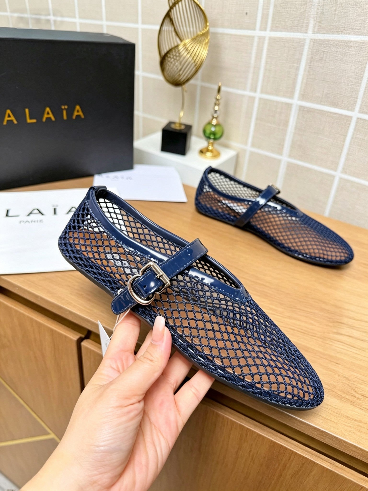 Alaia 26s Fishnet Ballet Flat Navy Blue Mesh 935641