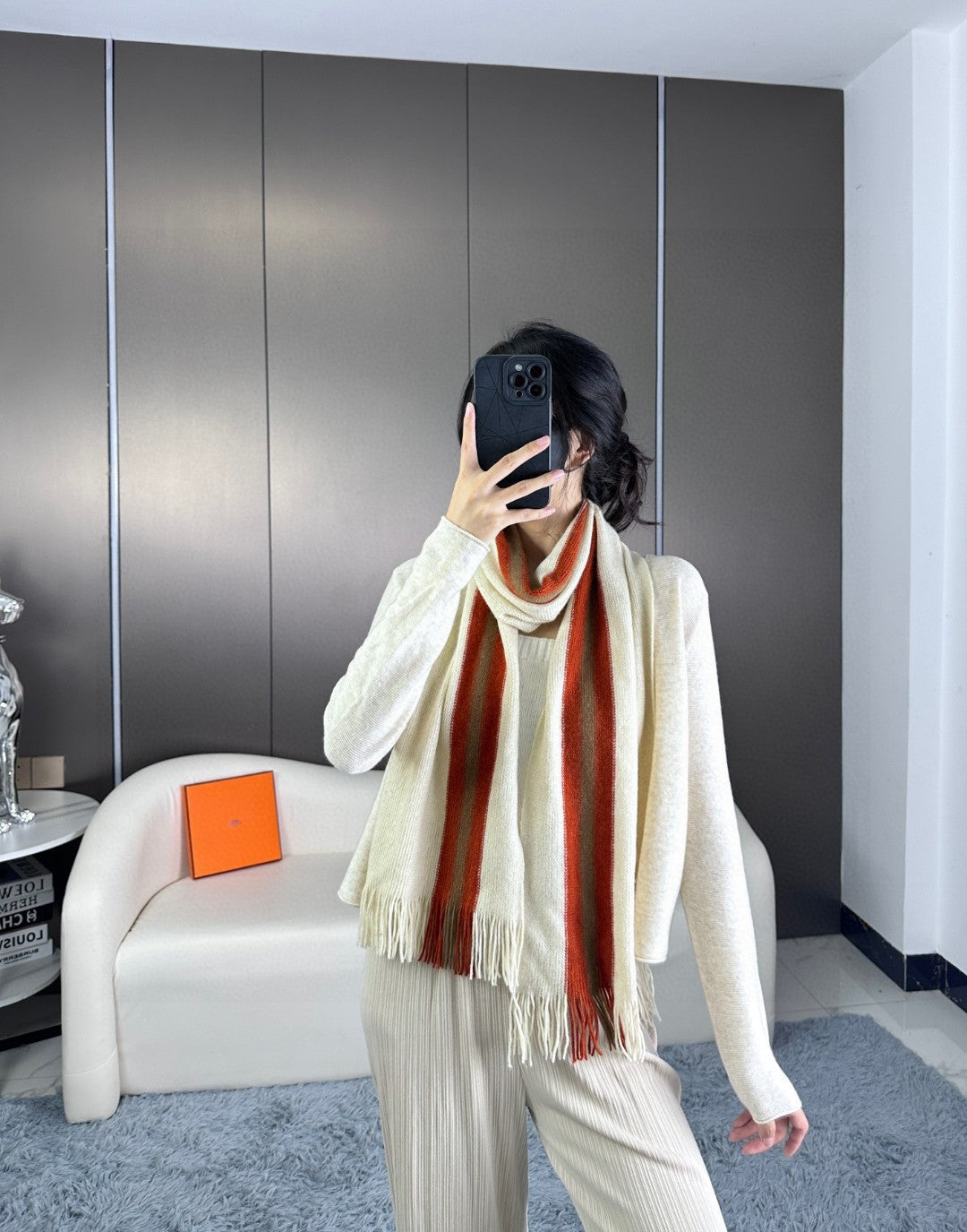 Scarf 180 CM In White Mix Red Khaki Green Cashmere 401086