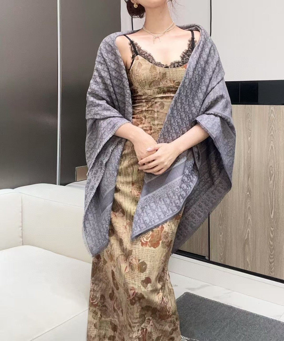CD Monogram Scarf 140CM Dark Grey Cashmere