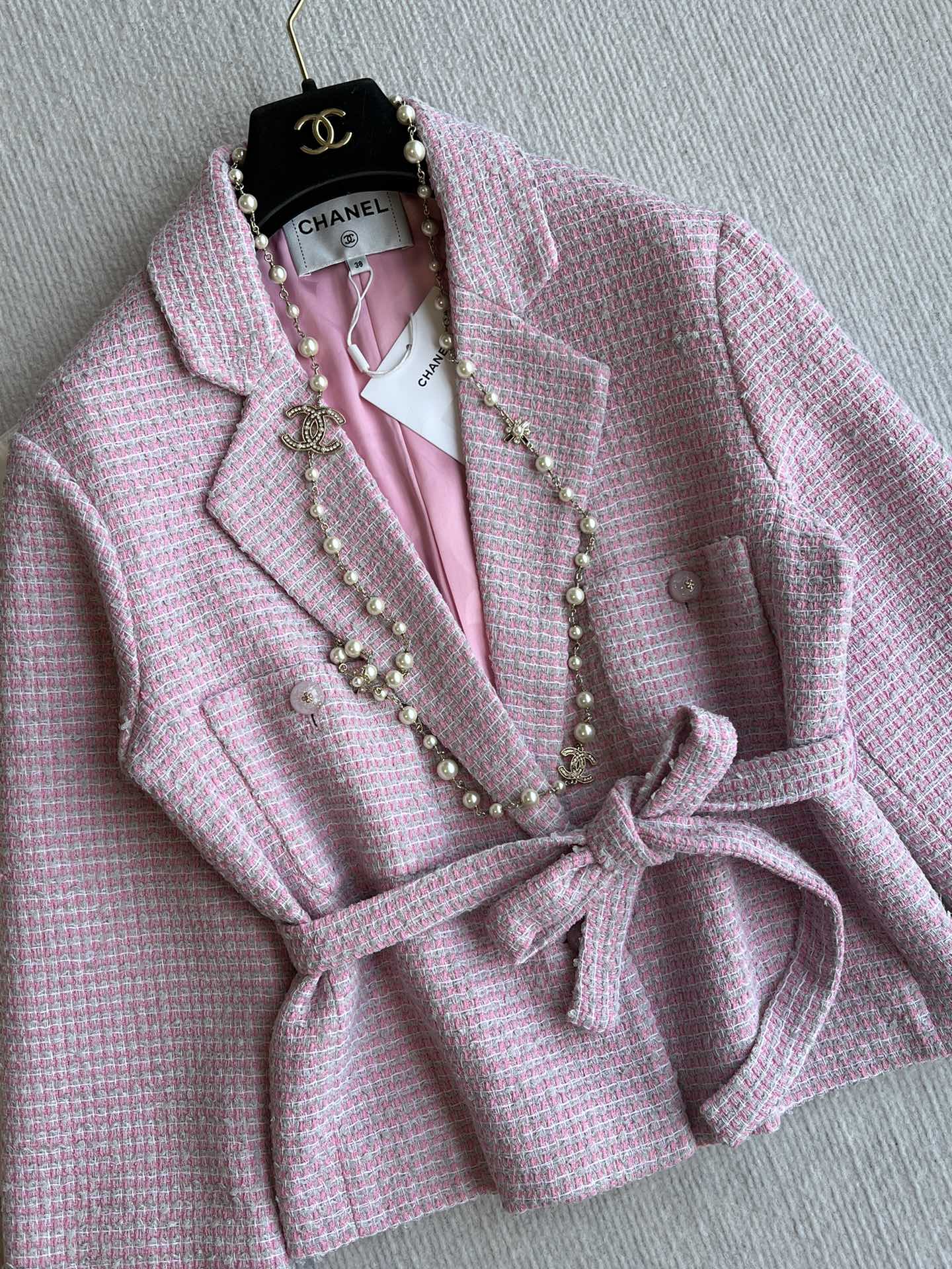 CC 25SS Lace-up Jacket Pink Sequins Tweed 235919