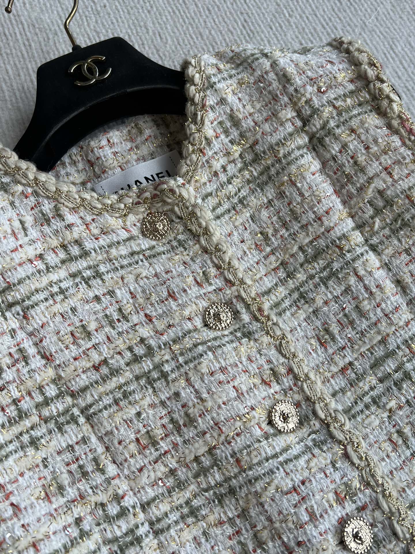 CC 25A Classic Round Collar Vest Jacket In Light Orange Pink Tweed 277181