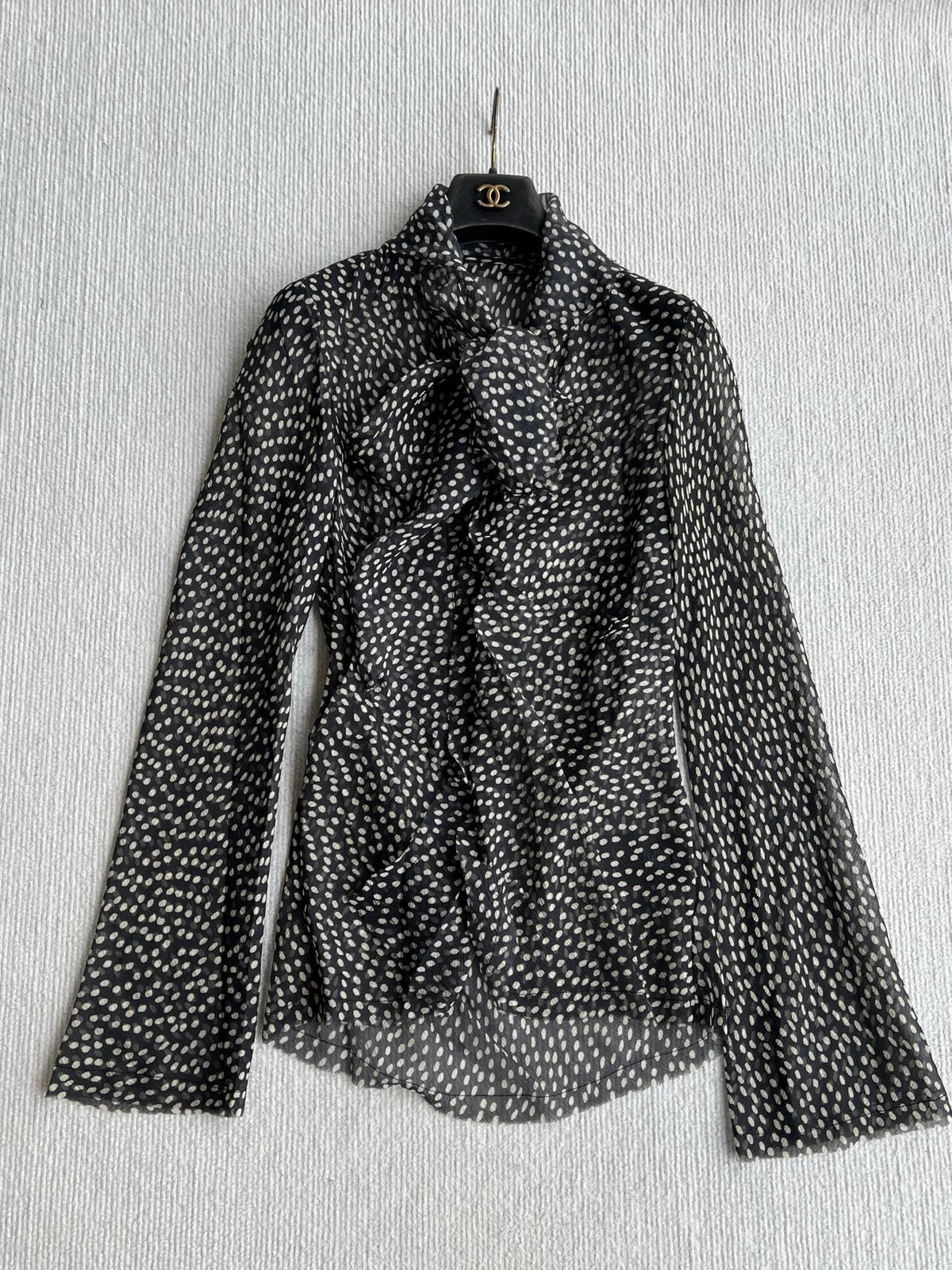YSL 26s Polka Dot Pussy Bow Blouse Black Silk Viscose 434506
