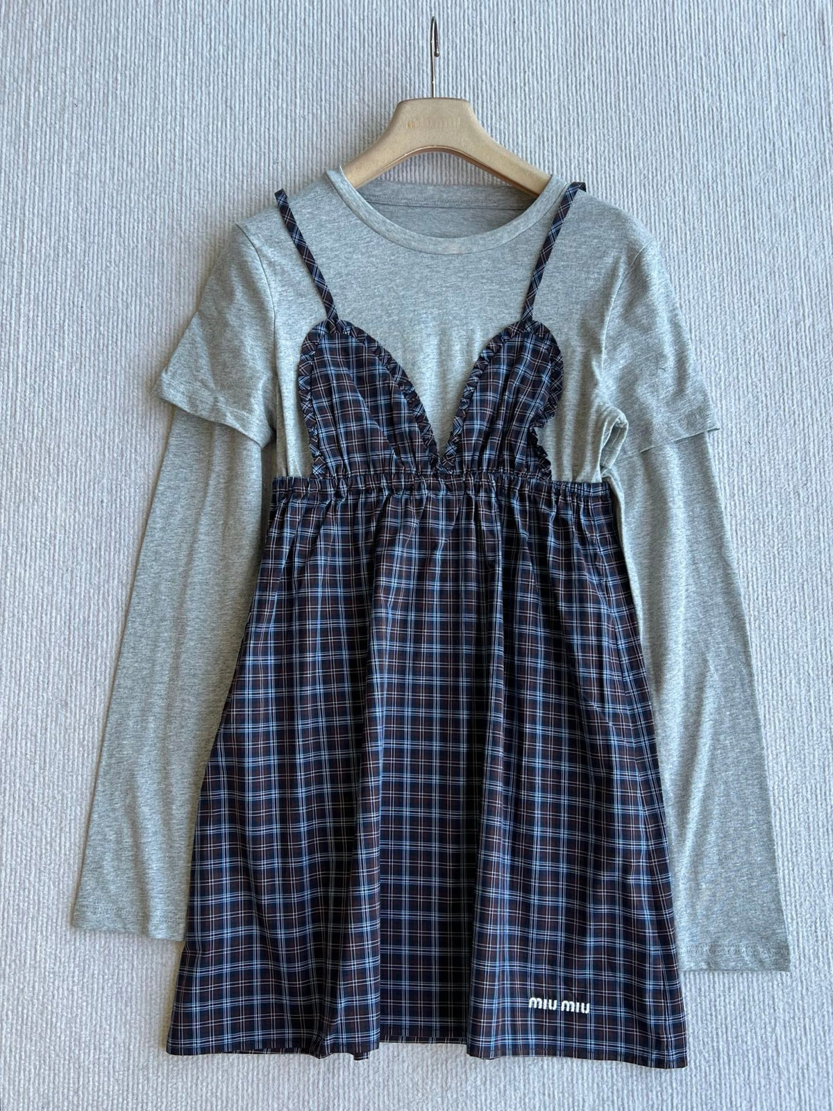 MM 26s Plaid Cami Dress Layered Tee Set Grey 439733