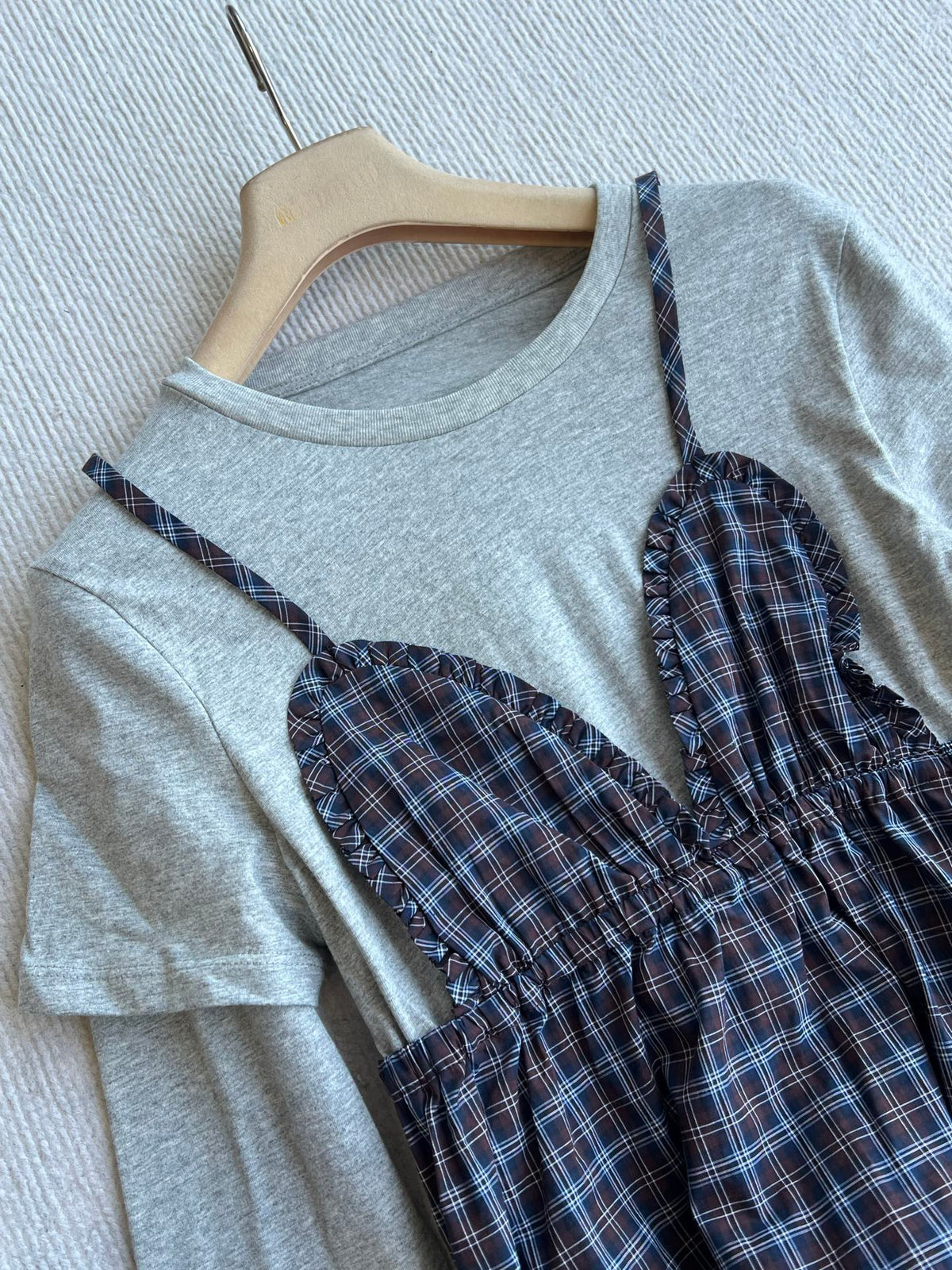 MM 26s Plaid Cami Dress Layered Tee Set Grey 439733