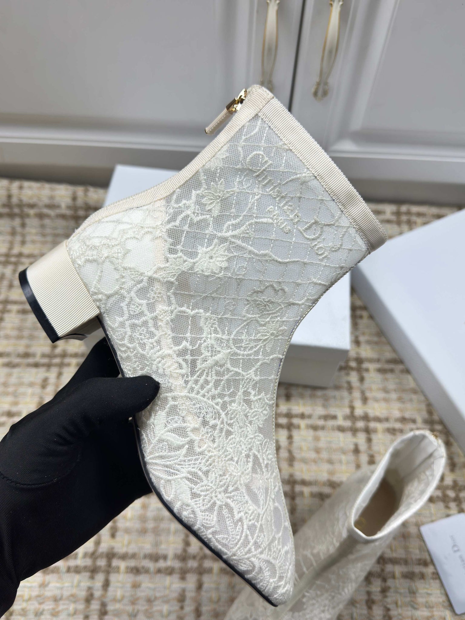 CD 26s Ankle Boots 35mm In White Floral Lace Mesh Block Heel