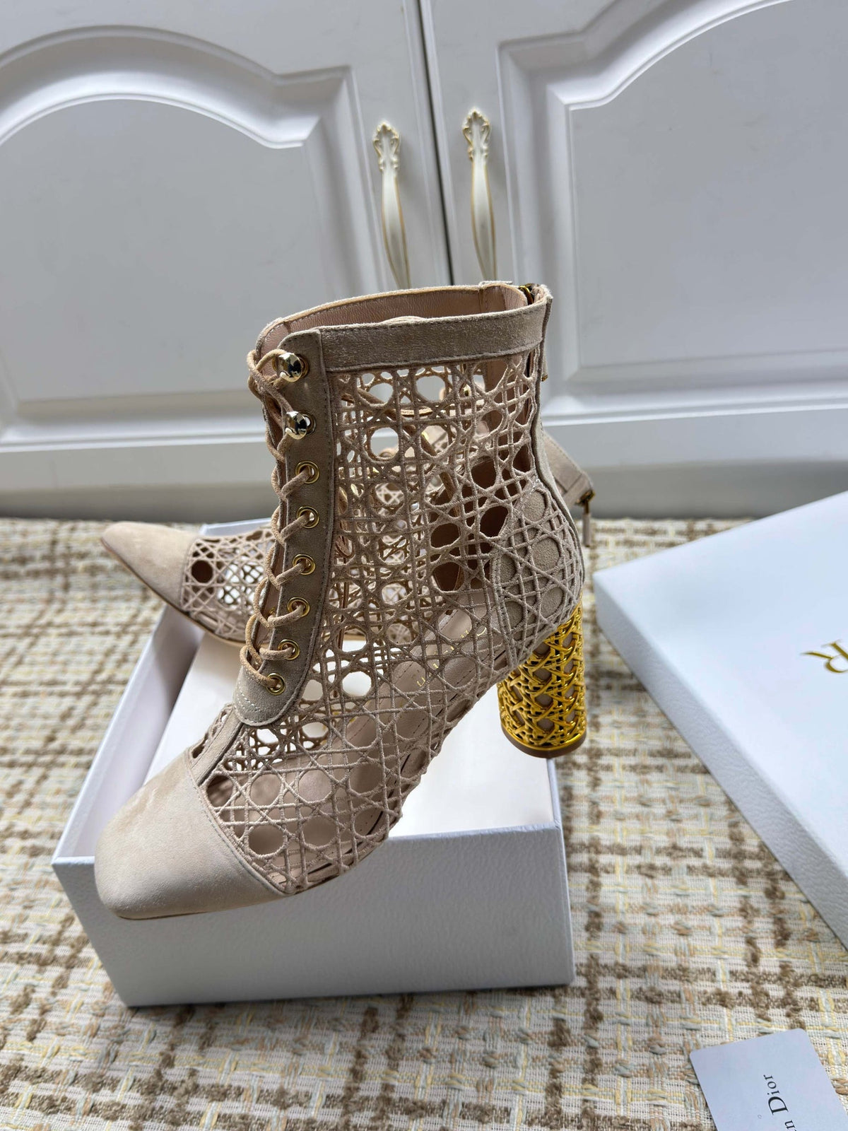 CD 26S Lace Up Ankle Boots 80mm Beige Openwork Lace Suede Gold Heel