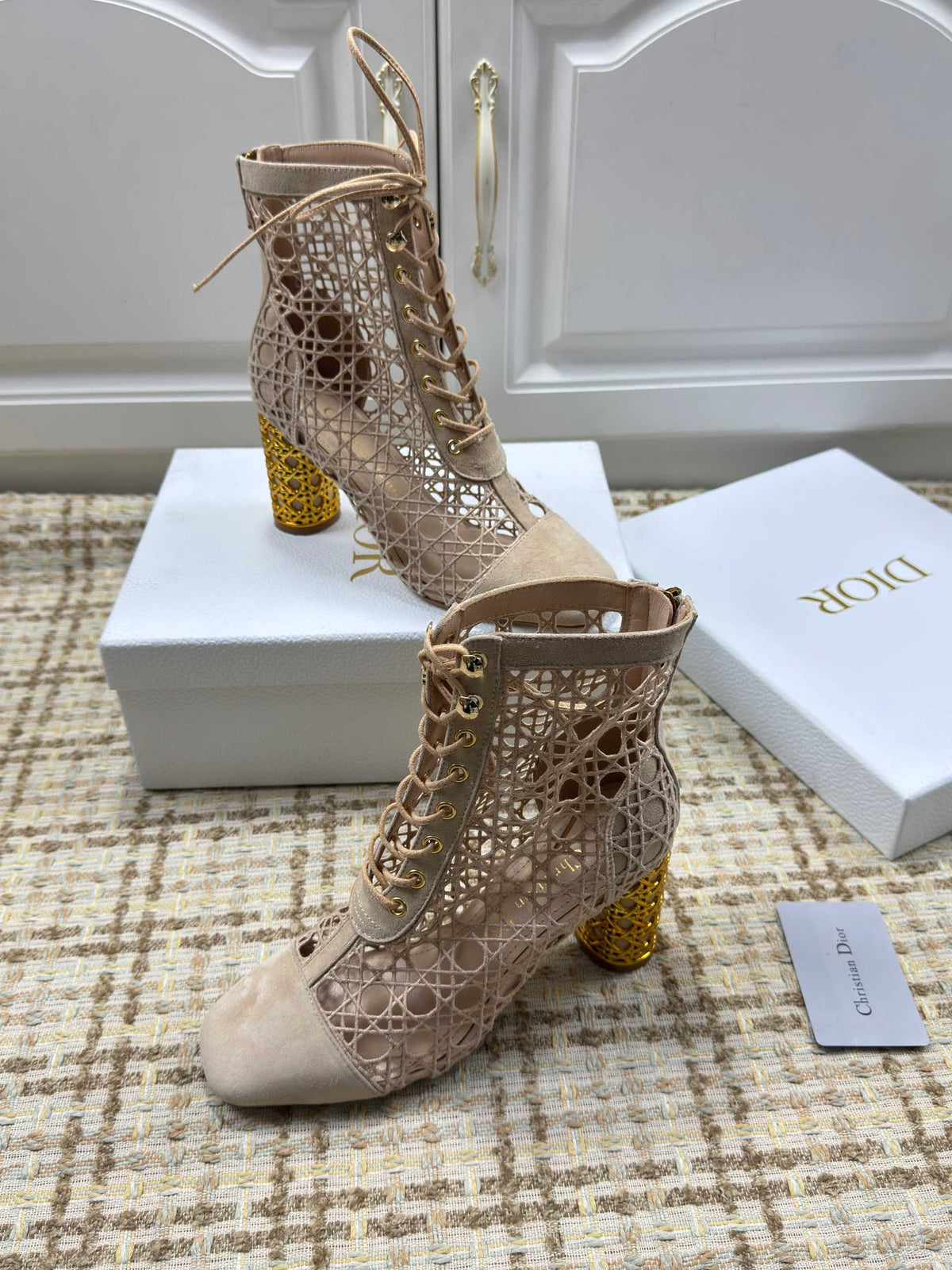 CD 26S Lace Up Ankle Boots 80mm Beige Openwork Lace Suede Gold Heel