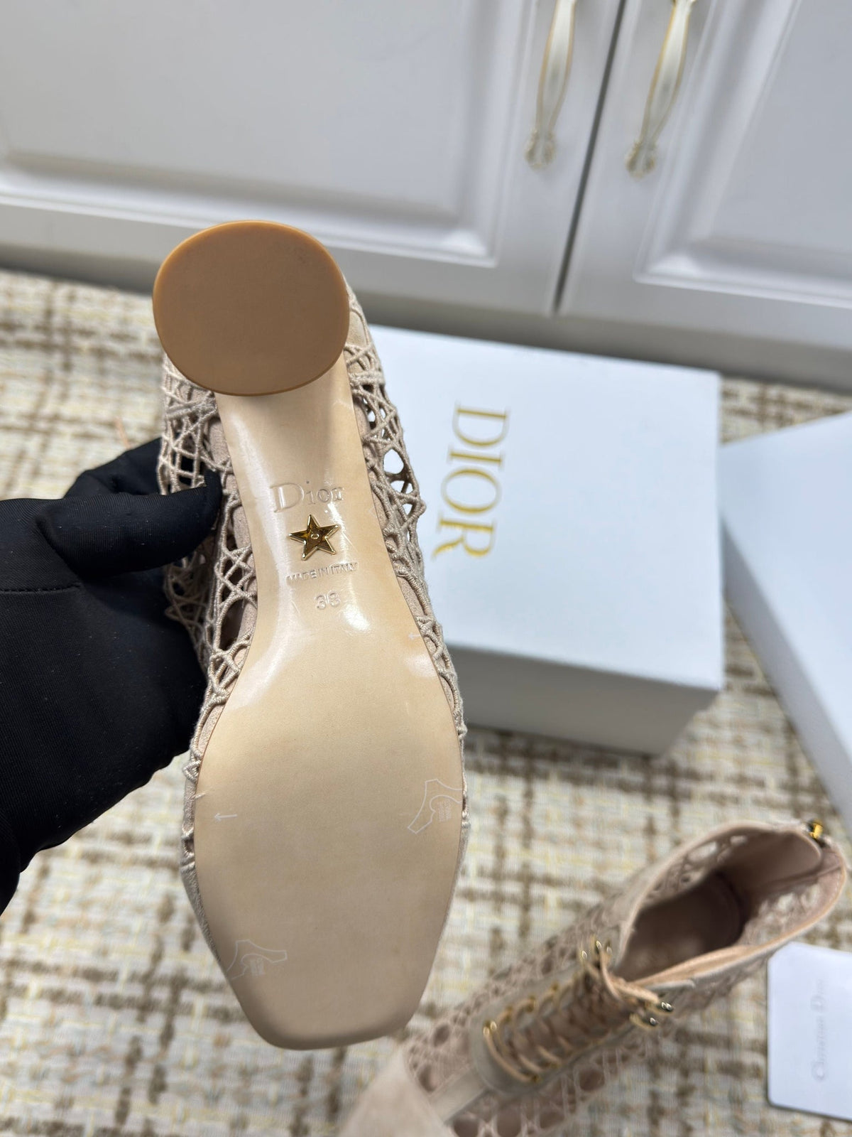 CD 26S Lace Up Ankle Boots 80mm Beige Openwork Lace Suede Gold Heel