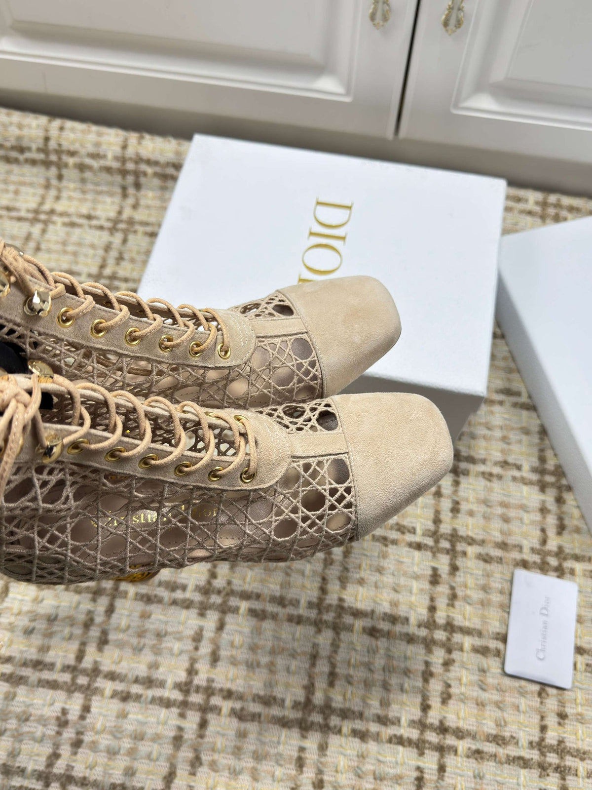CD 26S Lace Up Ankle Boots 80mm Beige Openwork Lace Suede Gold Heel