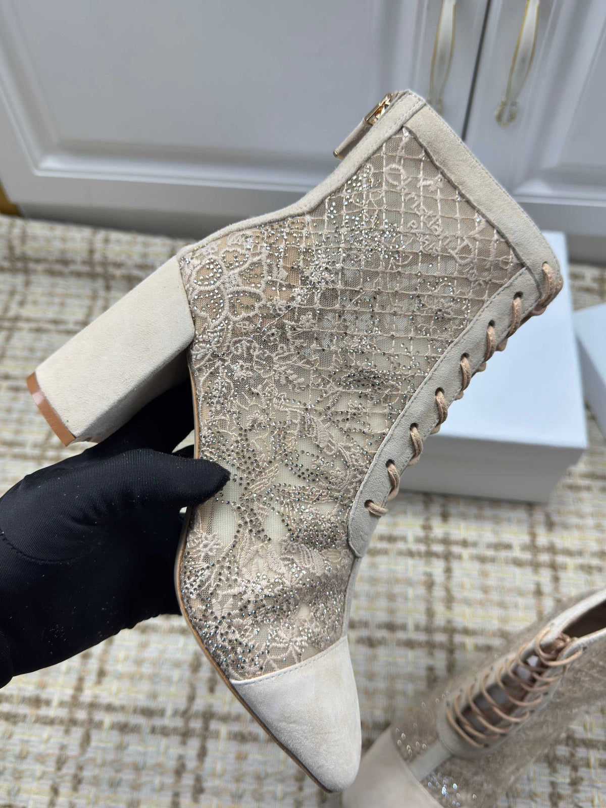 CD 26S Lace Up Ankle Boots 35mm Beige Lace Suede Block Heel