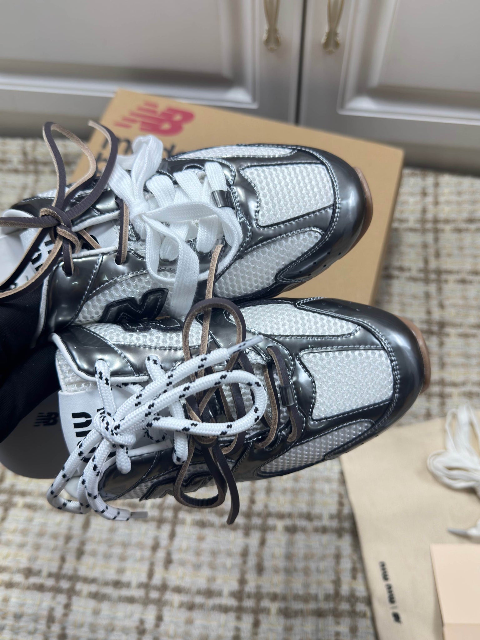 Miumiu 26s New Balance Sneaker Mules In White Mesh And Dark Silver Calfskin