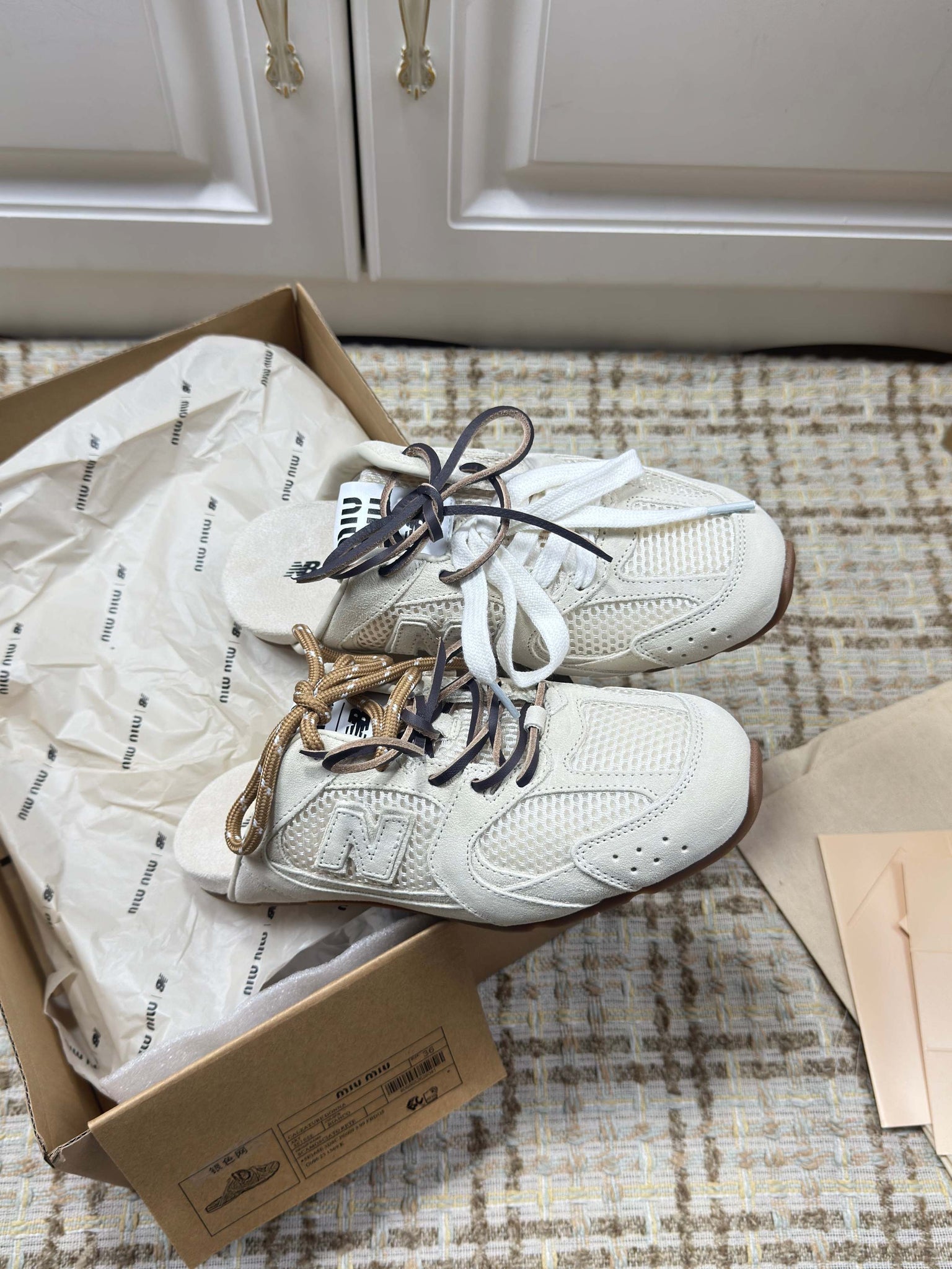 Miumiu 26s New Balance Sneaker Mules In Cream White Suede And Mesh