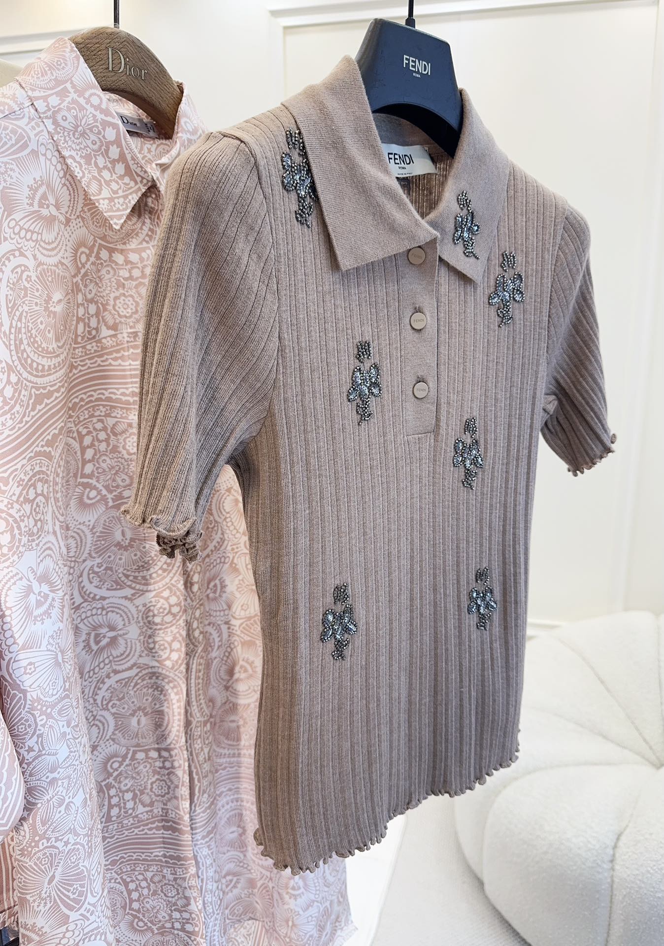Fendi 25 Beaded Polo shirt Pure Beige Cotton