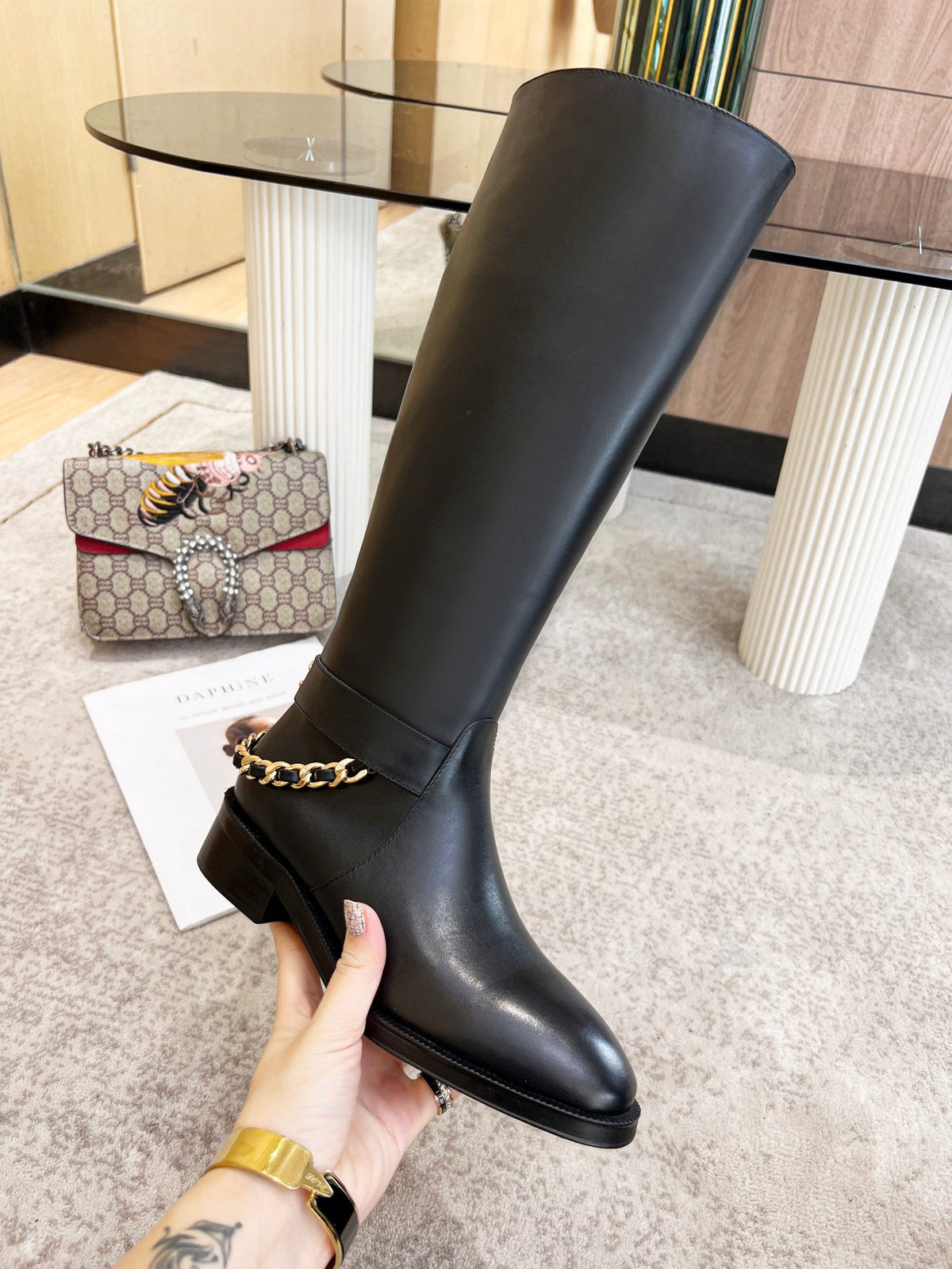 Chanel Calfskin Chain High Boots 3cm Black Leather 168212