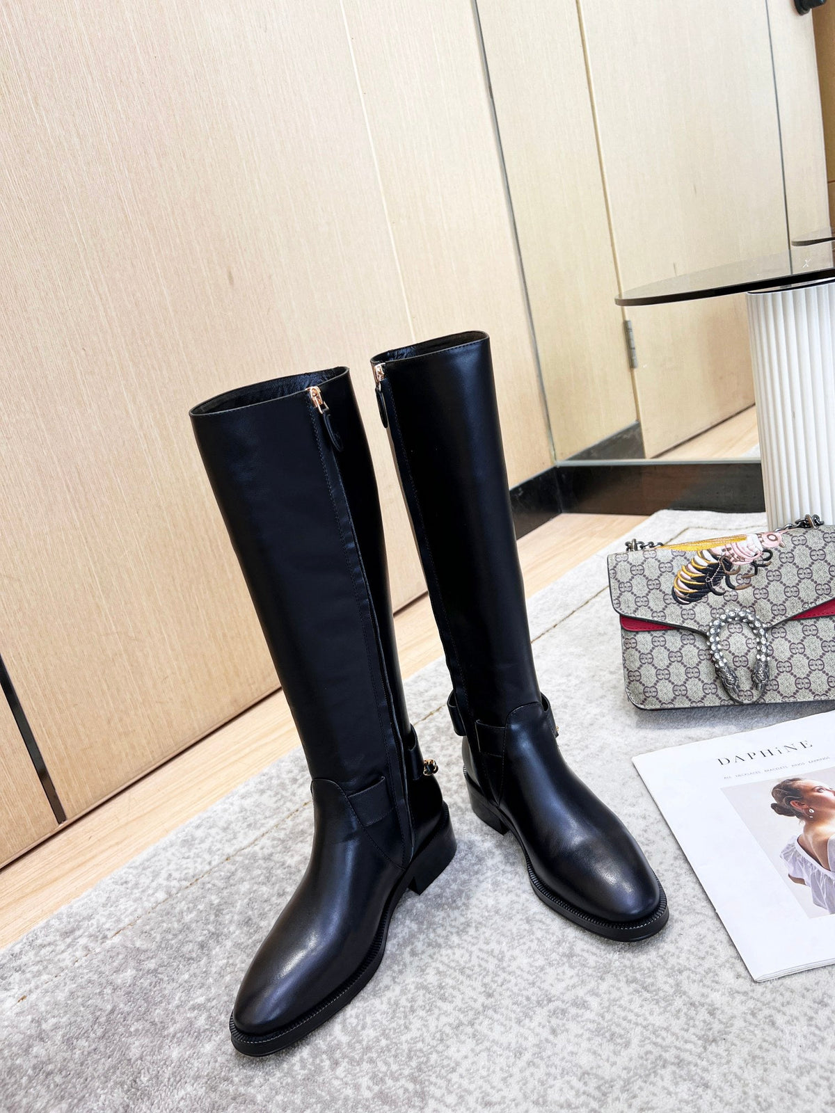 Chanel Calfskin Chain High Boots 3cm Black Leather 168212
