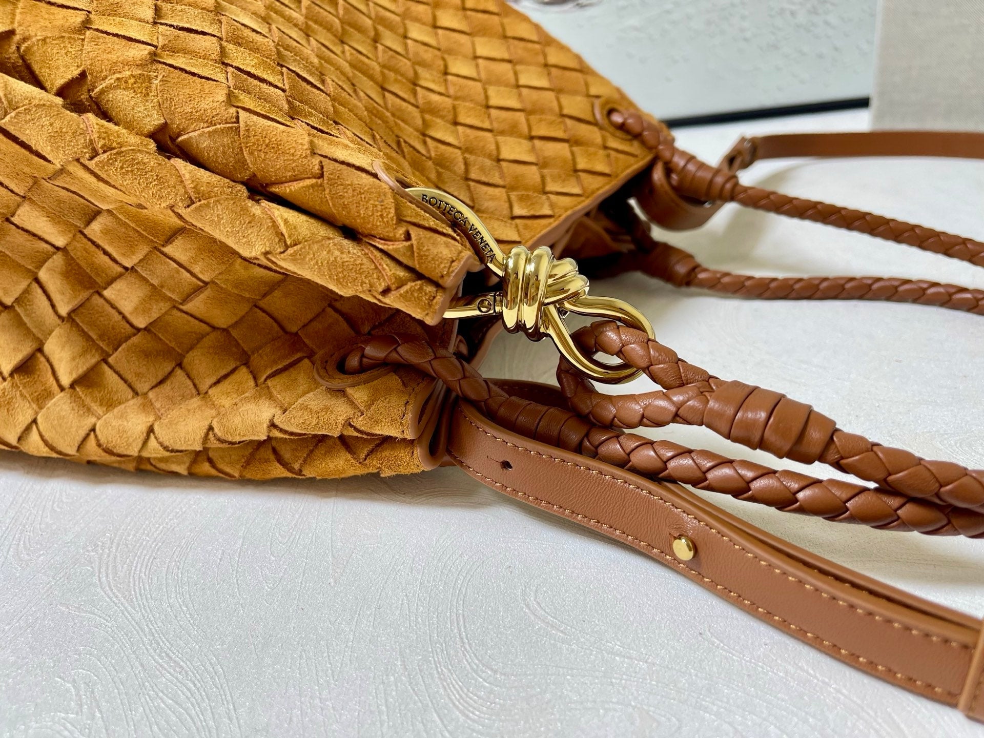 BV Small Parachute 20cm Tan Brown Suede Intrecciato Leather