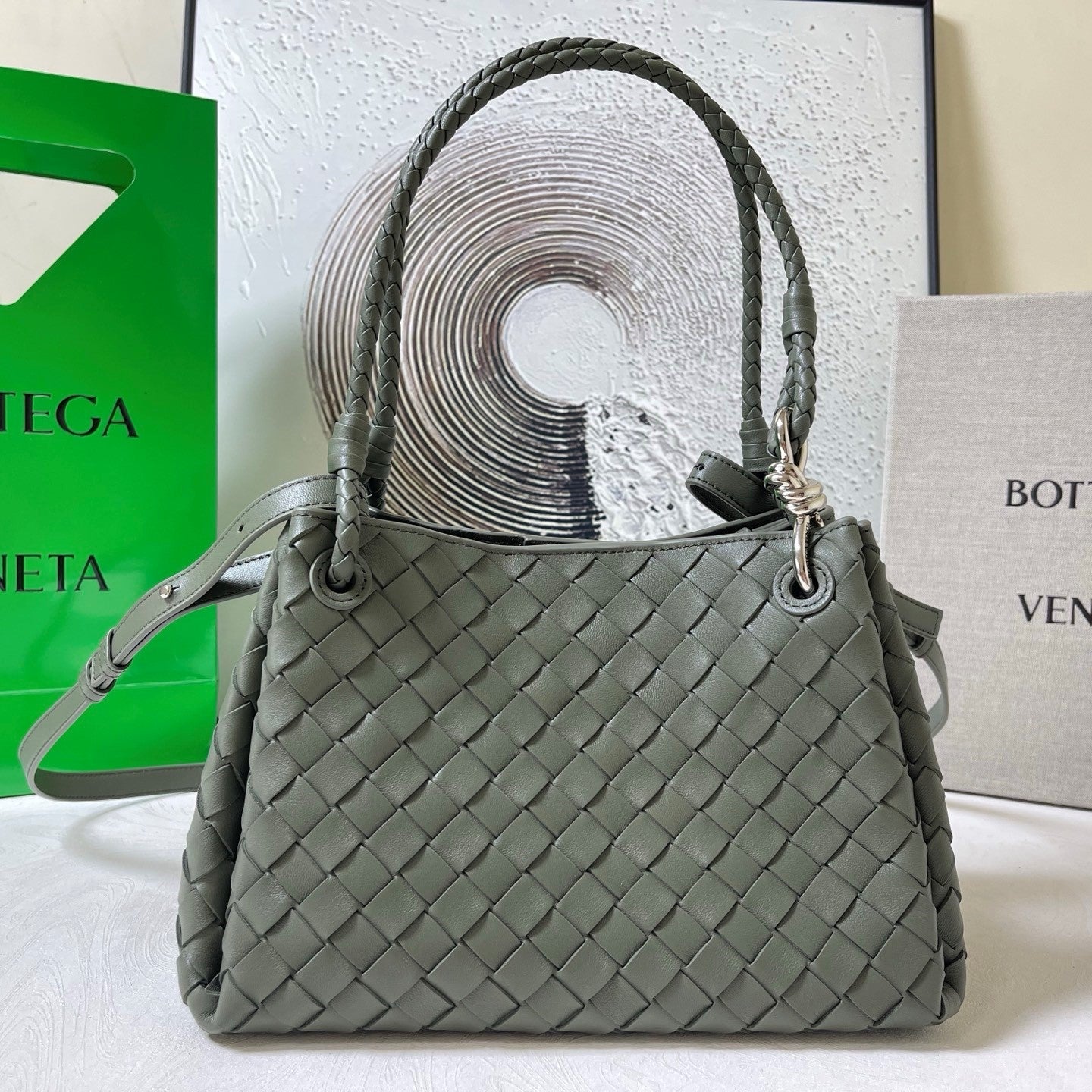 BV Small Parachute 20cm Olive Intrecciato Leather