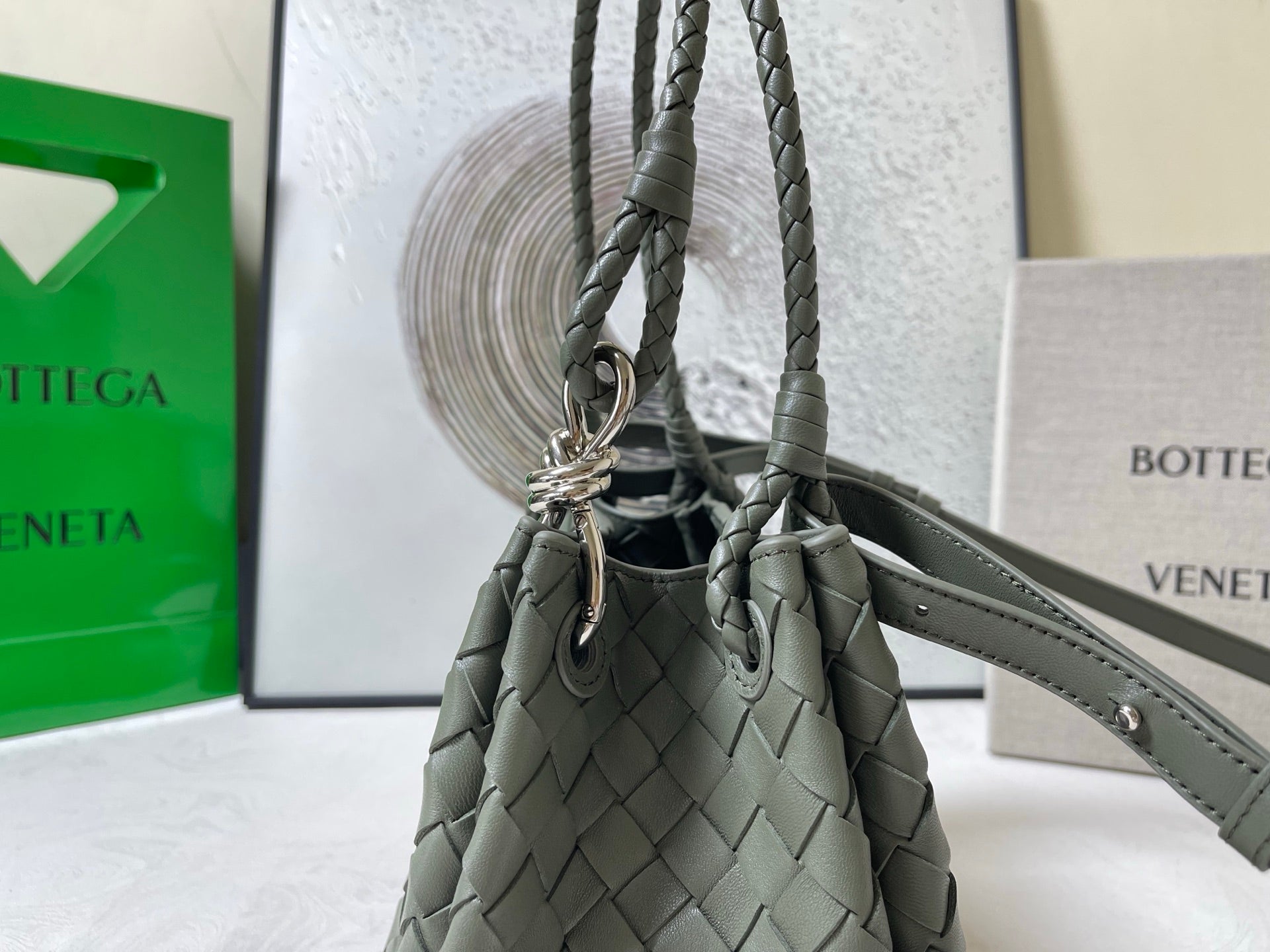 BV Small Parachute 20cm Olive Intrecciato Leather