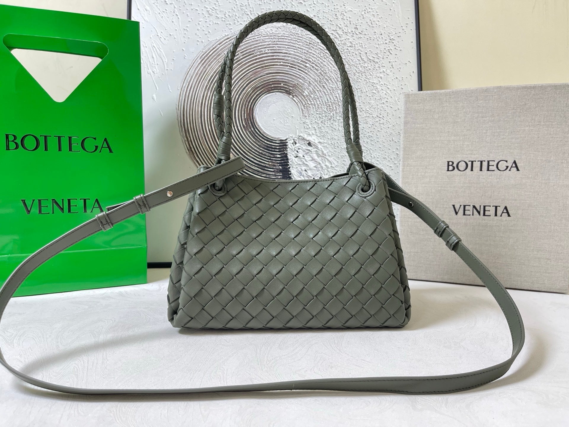 BV Small Parachute 20cm Olive Intrecciato Leather