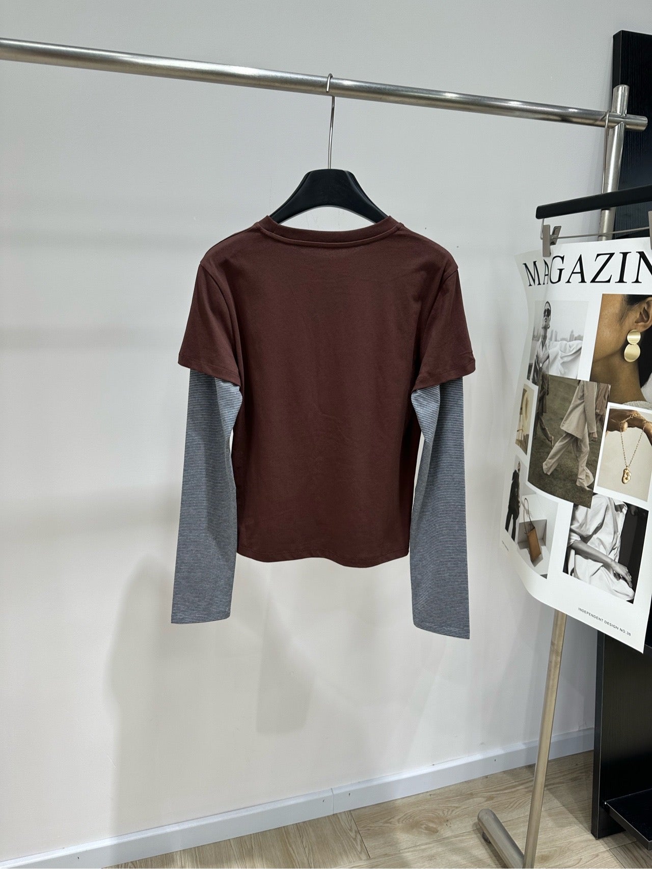 Miu 26s Striped Faux Two-Piece Polo Collar Long-Sleeve T-Shirt Brown 410035