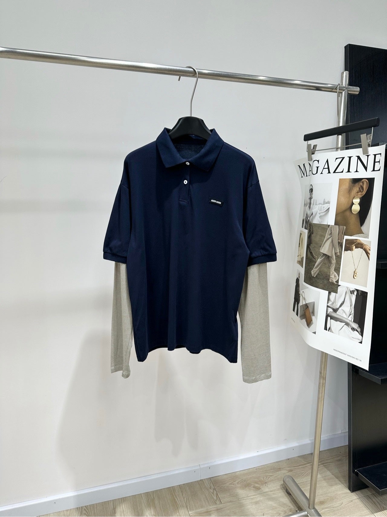Miu 26s Striped Faux Two-Piece Polo Collar Long-Sleeve T-Shirt Navy Blue 410027
