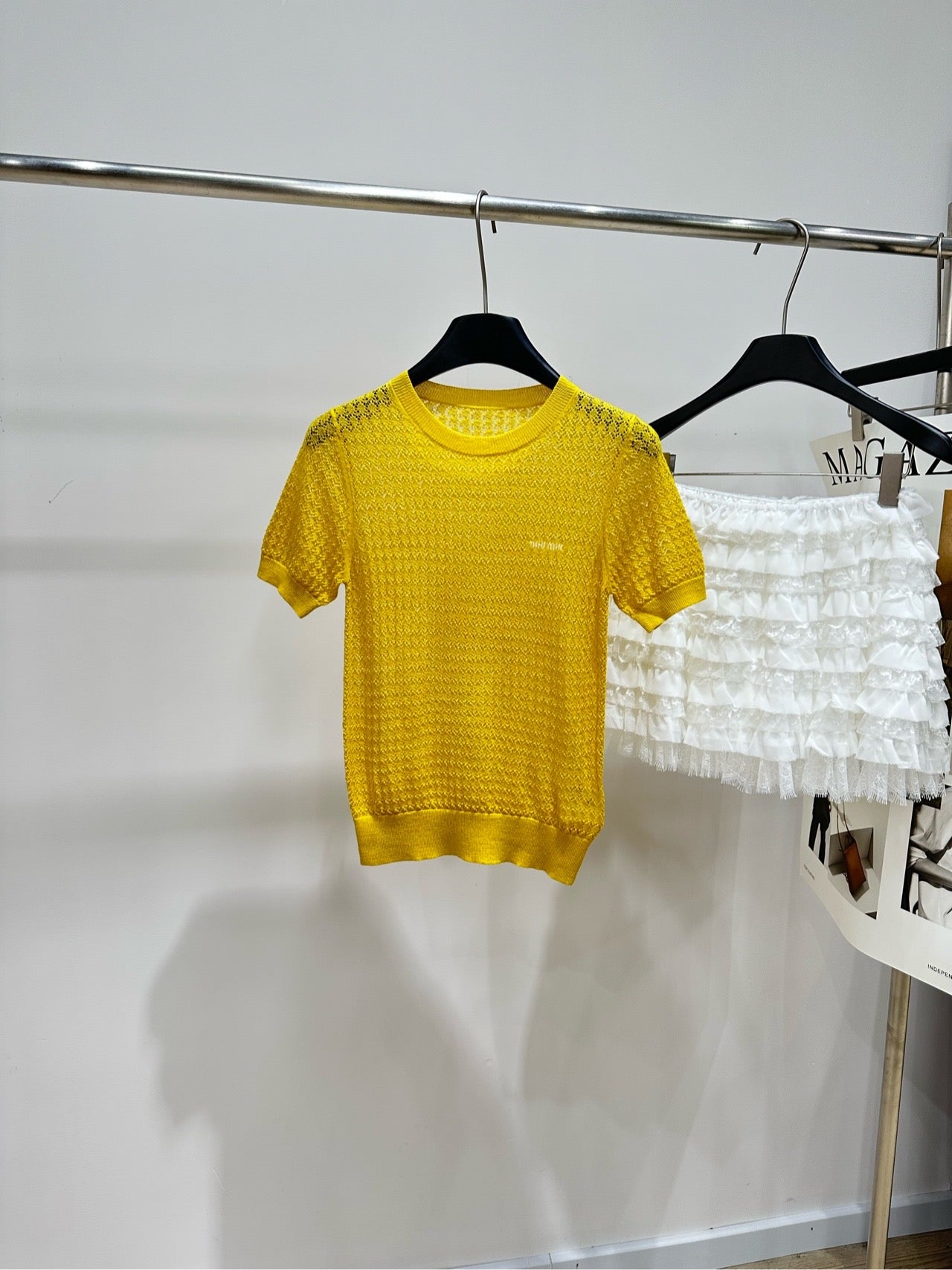 Miu 26s Knitted Openwork Yellow Top Cashmere Silk 409946