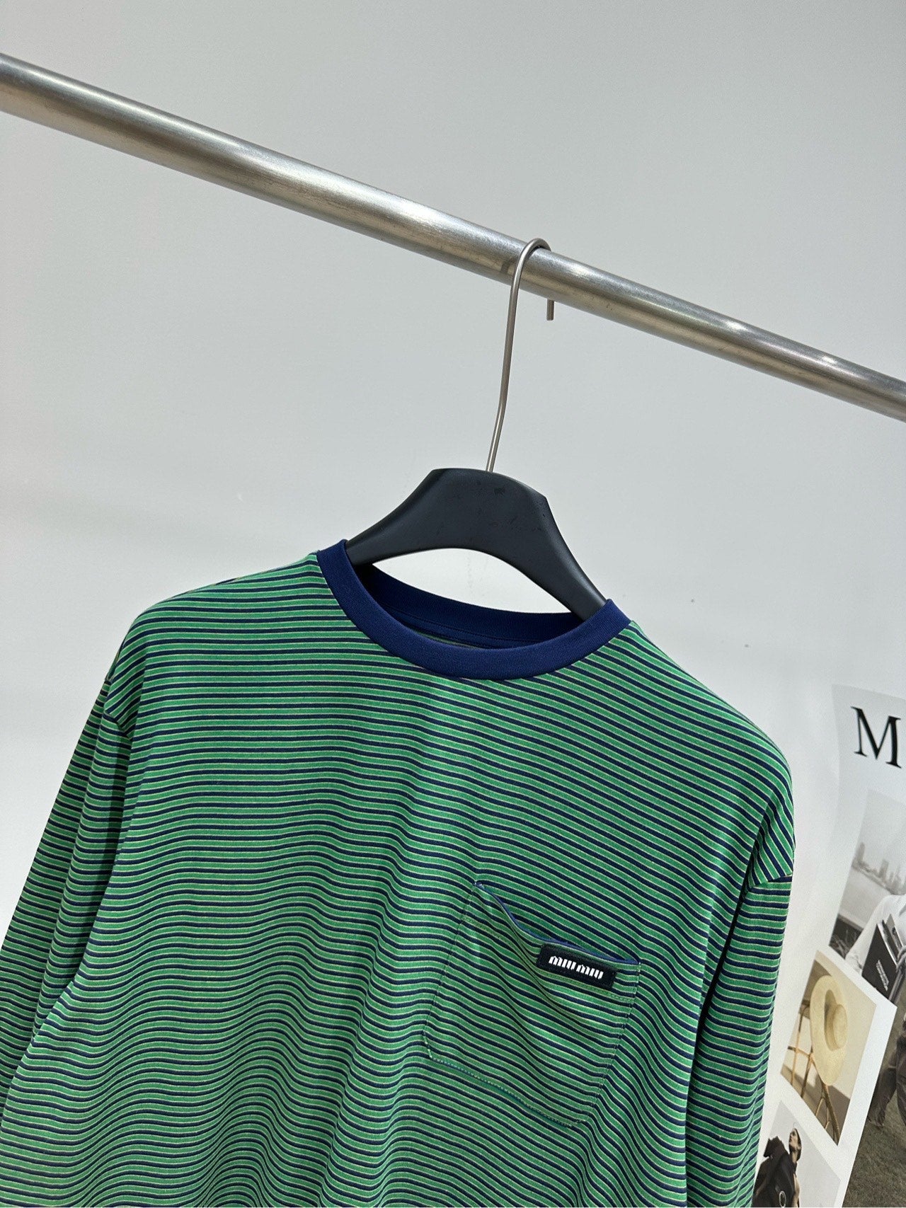 Miu 26s Green Striped Long-Sleeve T-Shirt Cotton 409864