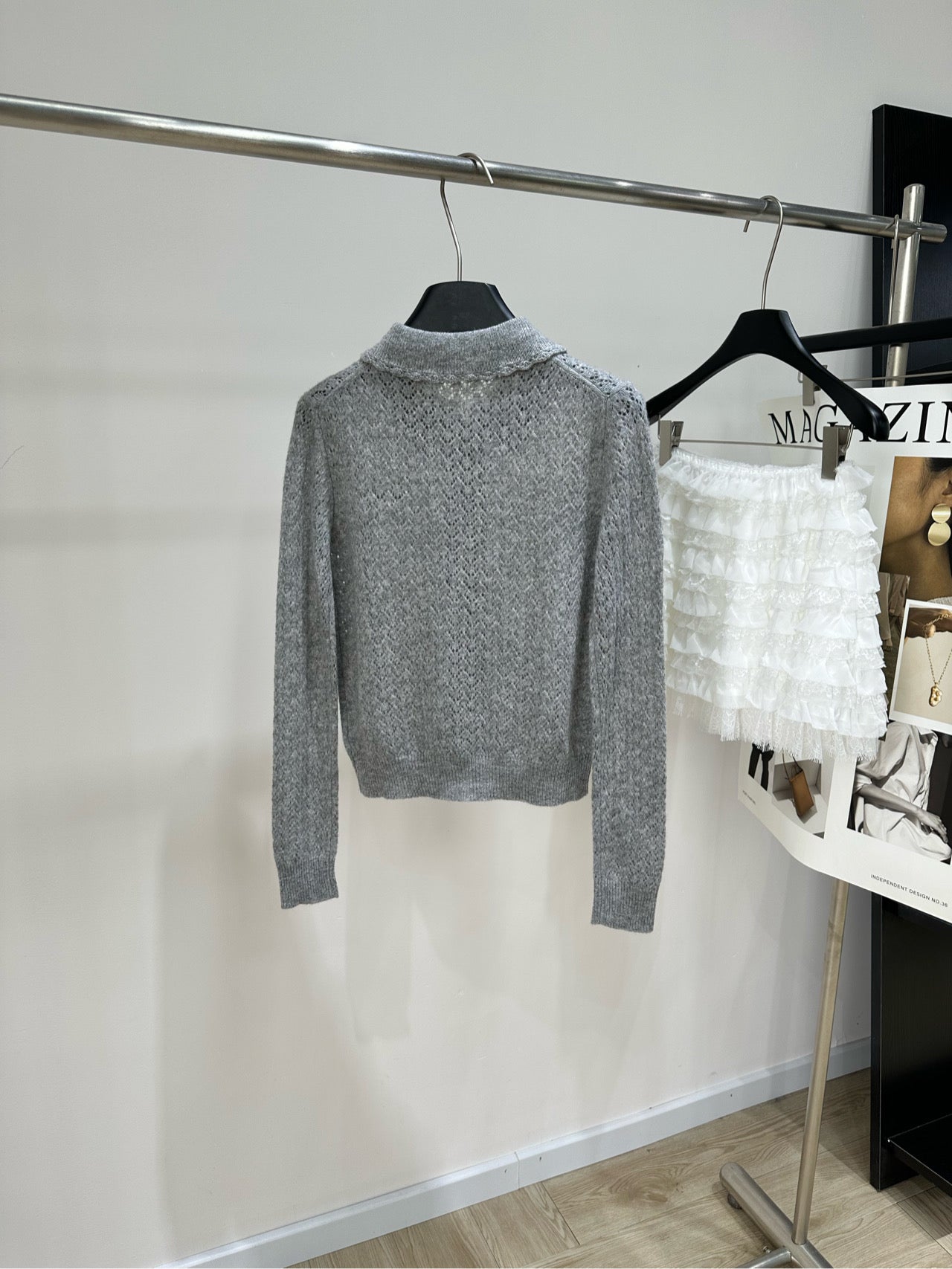 Miu 26s Collar Zipper Cardigan Grey Cashmere Mulberry Silk 417368