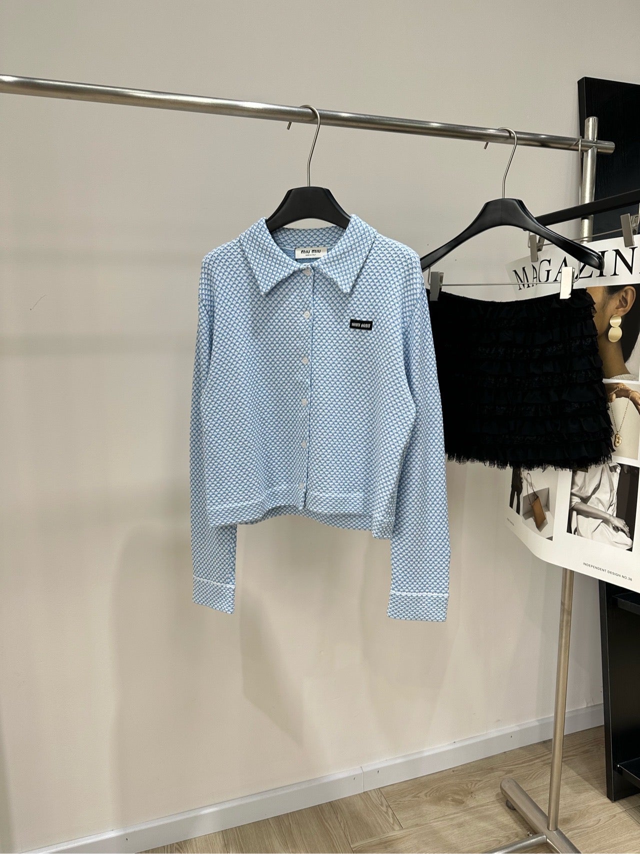 Miu 26s Knit Polo Single-Breasted Cardigan Light Blue Cotton 417360
