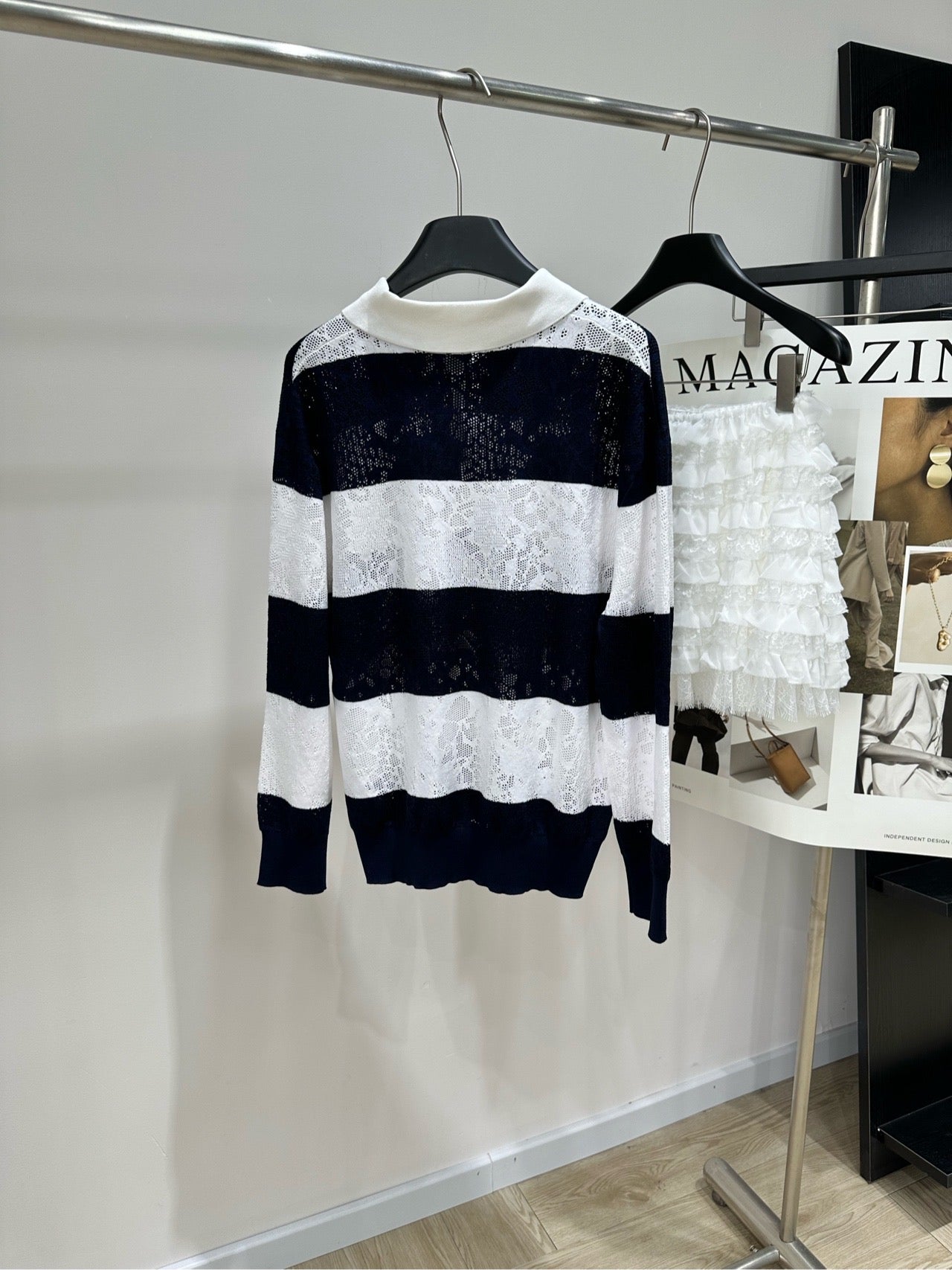 CD 26s Hollow-Out Mesh Polo Knit Sweater Black White Cashmere 417305