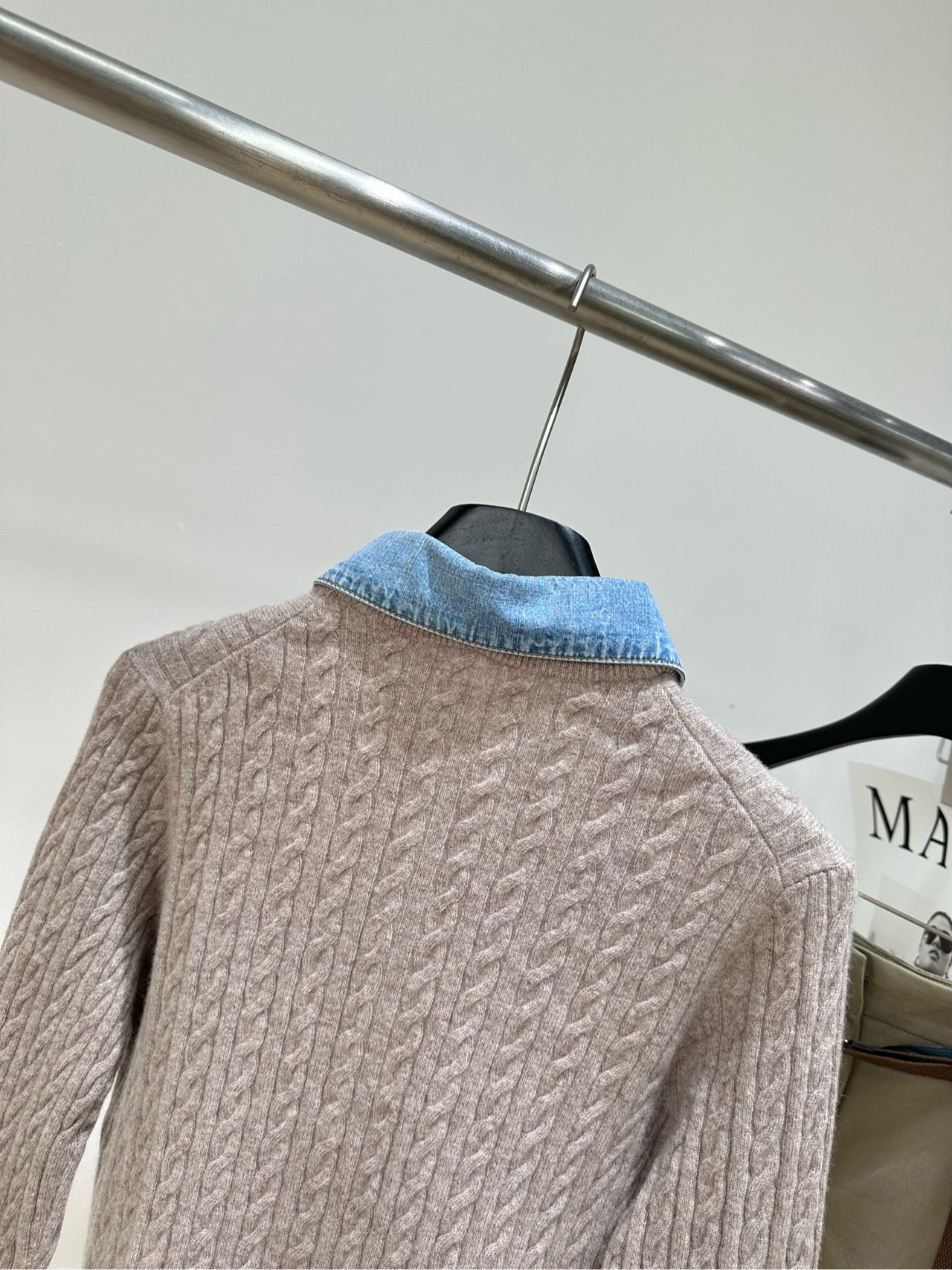 Miu 26s Cable Knit Long-Sleeve Cardigan with Denim Collar Oatmeal Wool 417183