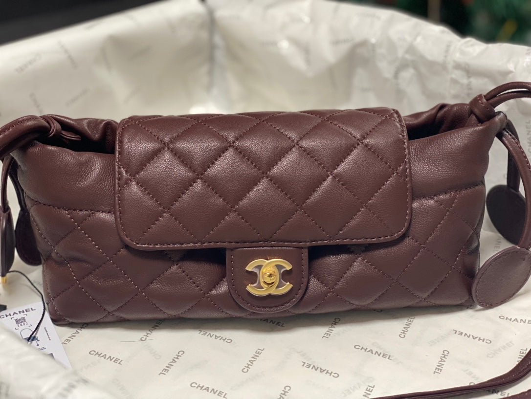 Chanel 2026 Pouch With Leather Strap 25cm Burgundy Calfskin