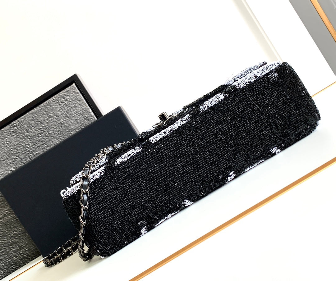 flap bag medium 25 black grey sequin silver hardware