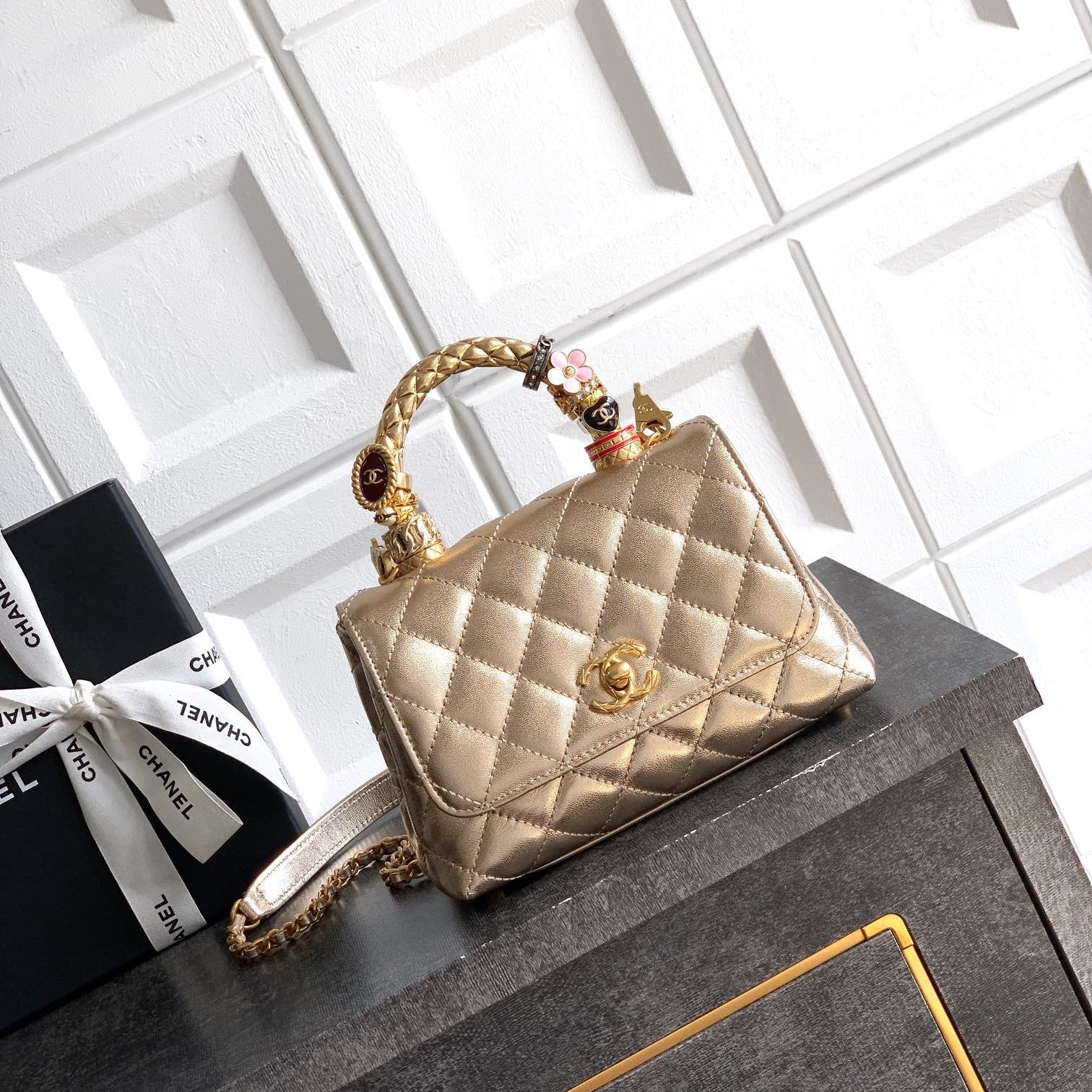 CC Coco Top Handle Bag 19cm Gold Metalic Quited Leather