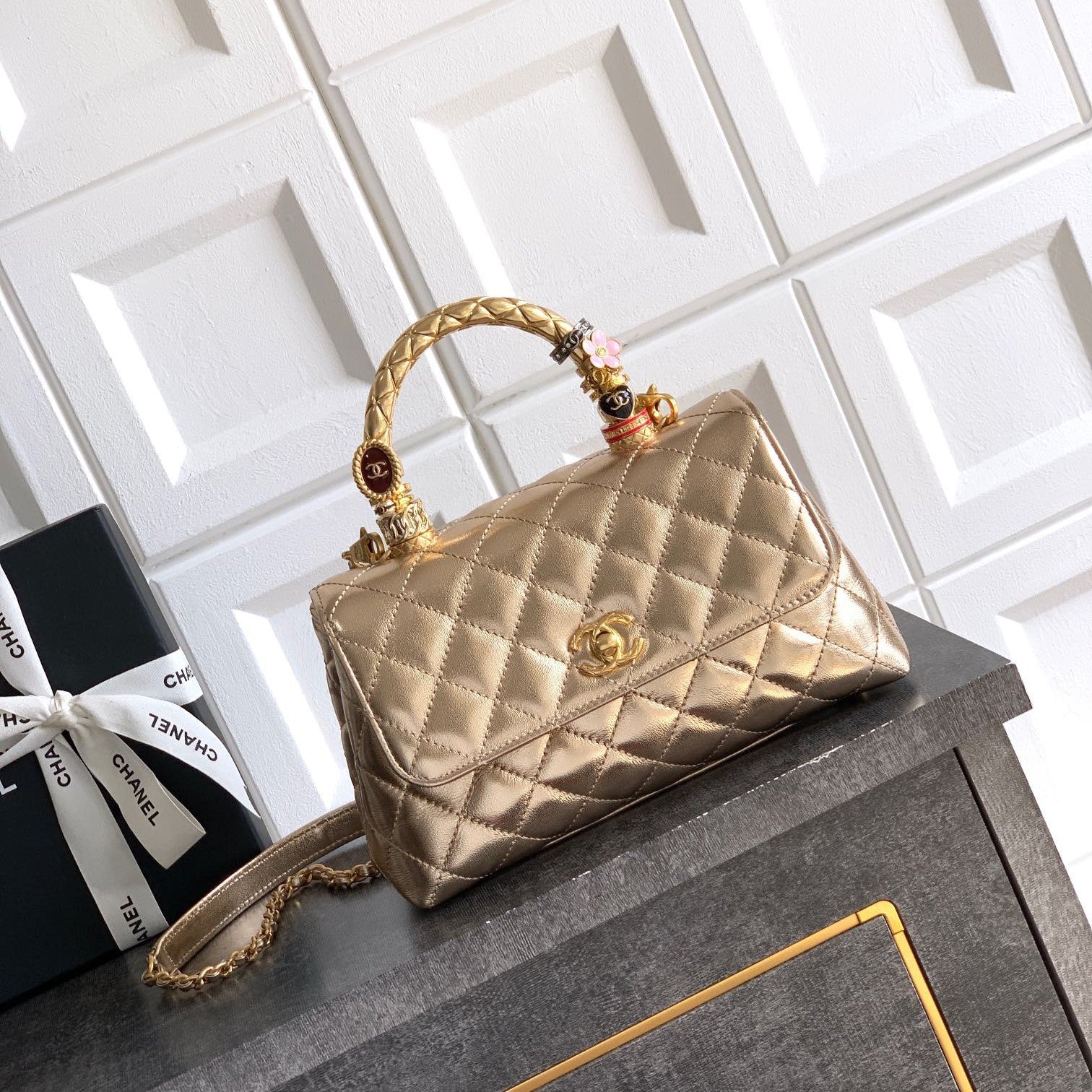 CC Coco Top Handle Bag 23cm Gold Metalic Quited Leather