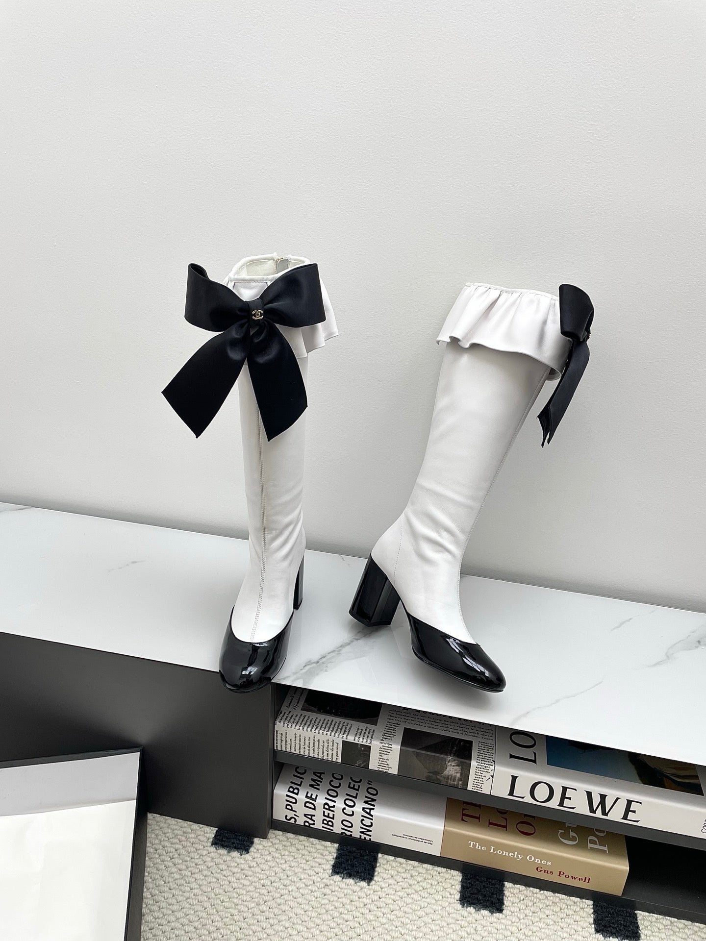 CC Big Bow Chunky Long Boots 80mm Black White Suede 427063