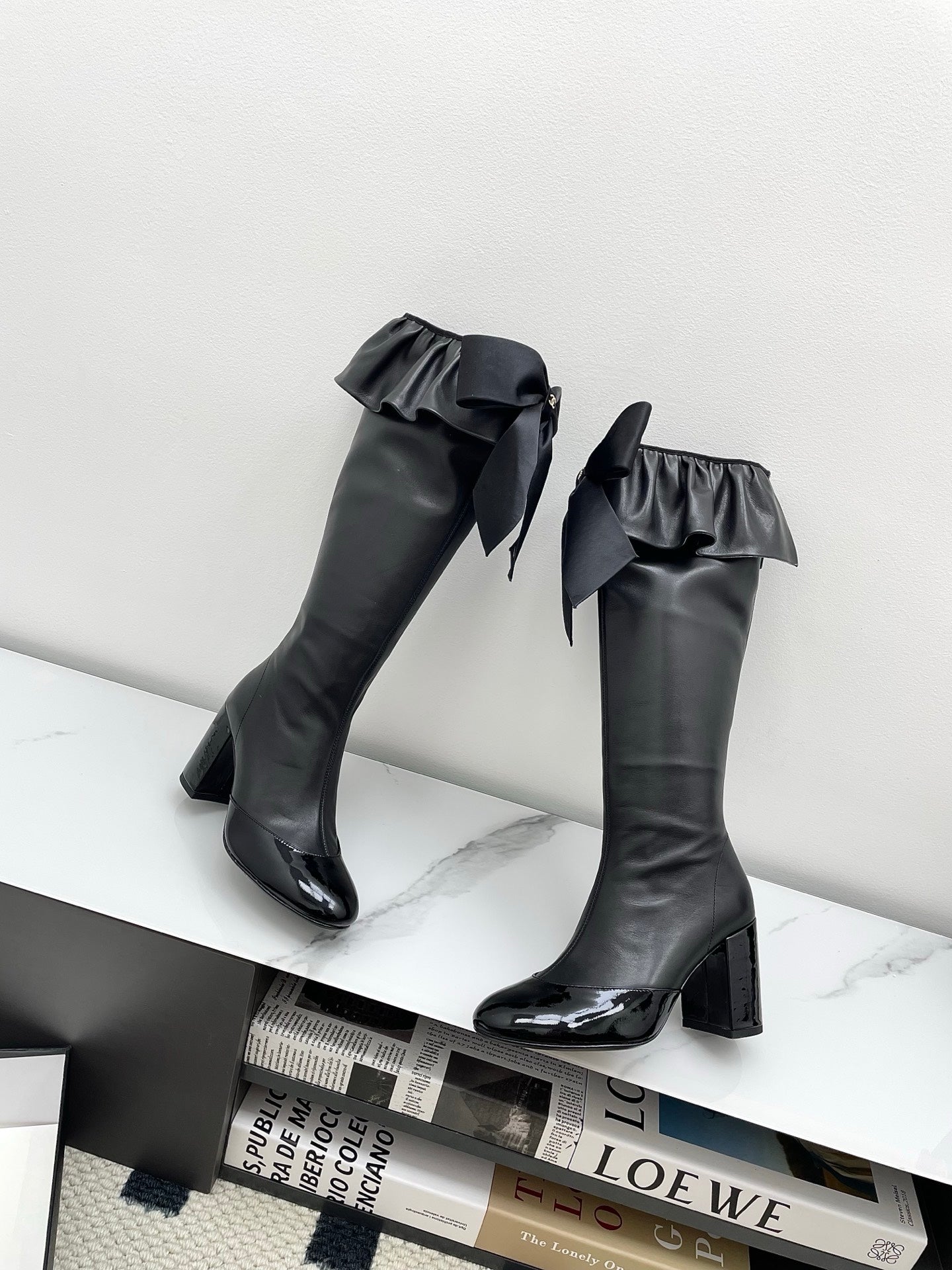 CC Big Bow Chunky Long Boots 80mm Black Cowhide 427064