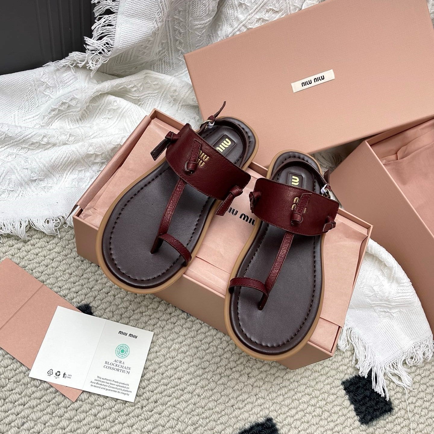 Miu 26 Flip-Flop Flat Sandals Brown Burgundy Leather 611339
