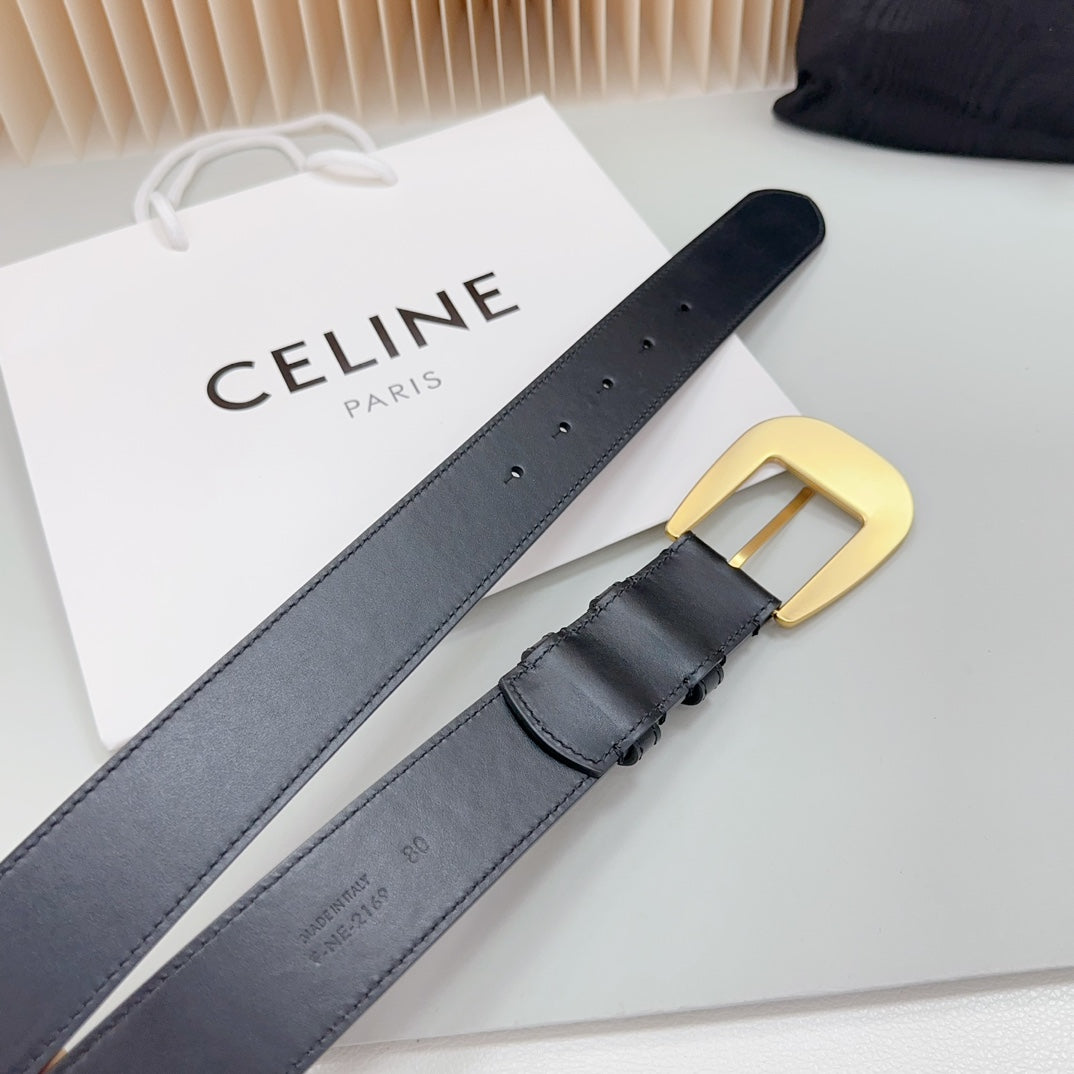 CEL Gold Western 35mm Belt Black Cowhide 175057