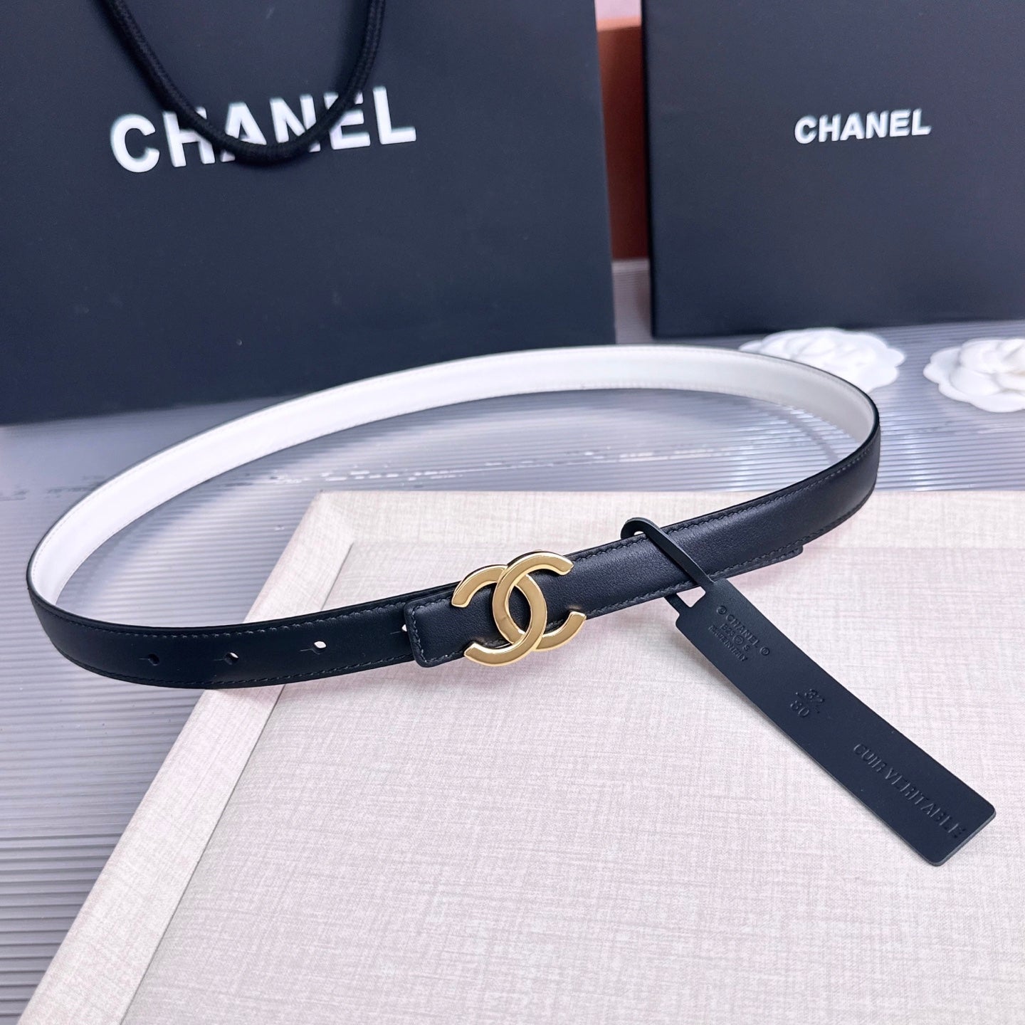 CC 26s 2cm Belt Black White Gold Calfskin