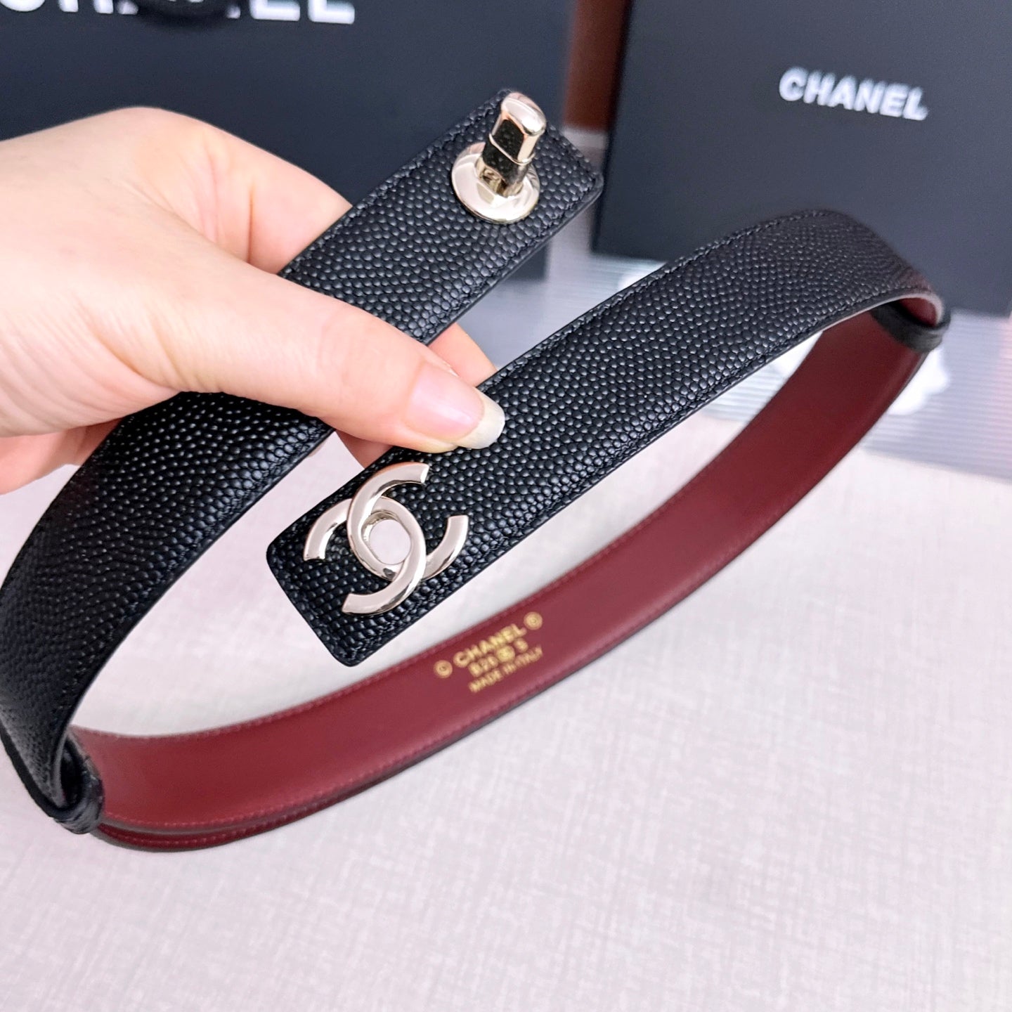 CC Fall Winter 2026 3cm Belt Black Gold Caviar Leather