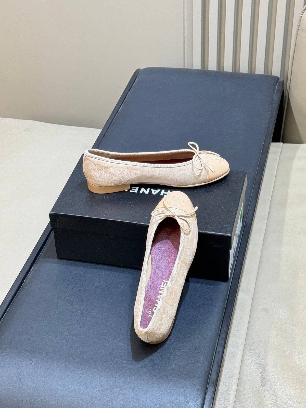 CC 26s Bow Ballet Flats 1cm Beige Tweed 150307